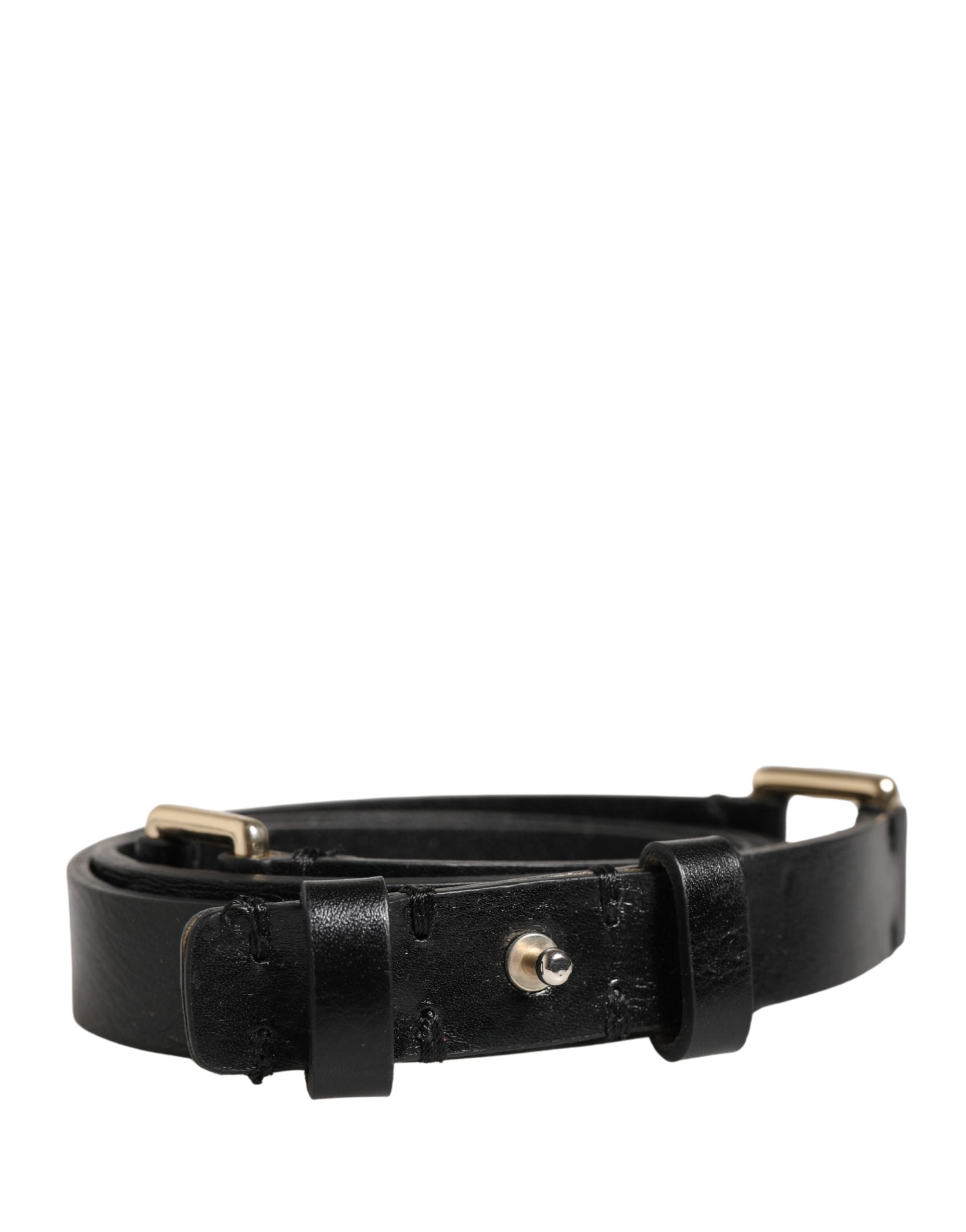 Black Leather Thin Gold Metal Brass Buckle Waist Belt - ventzia