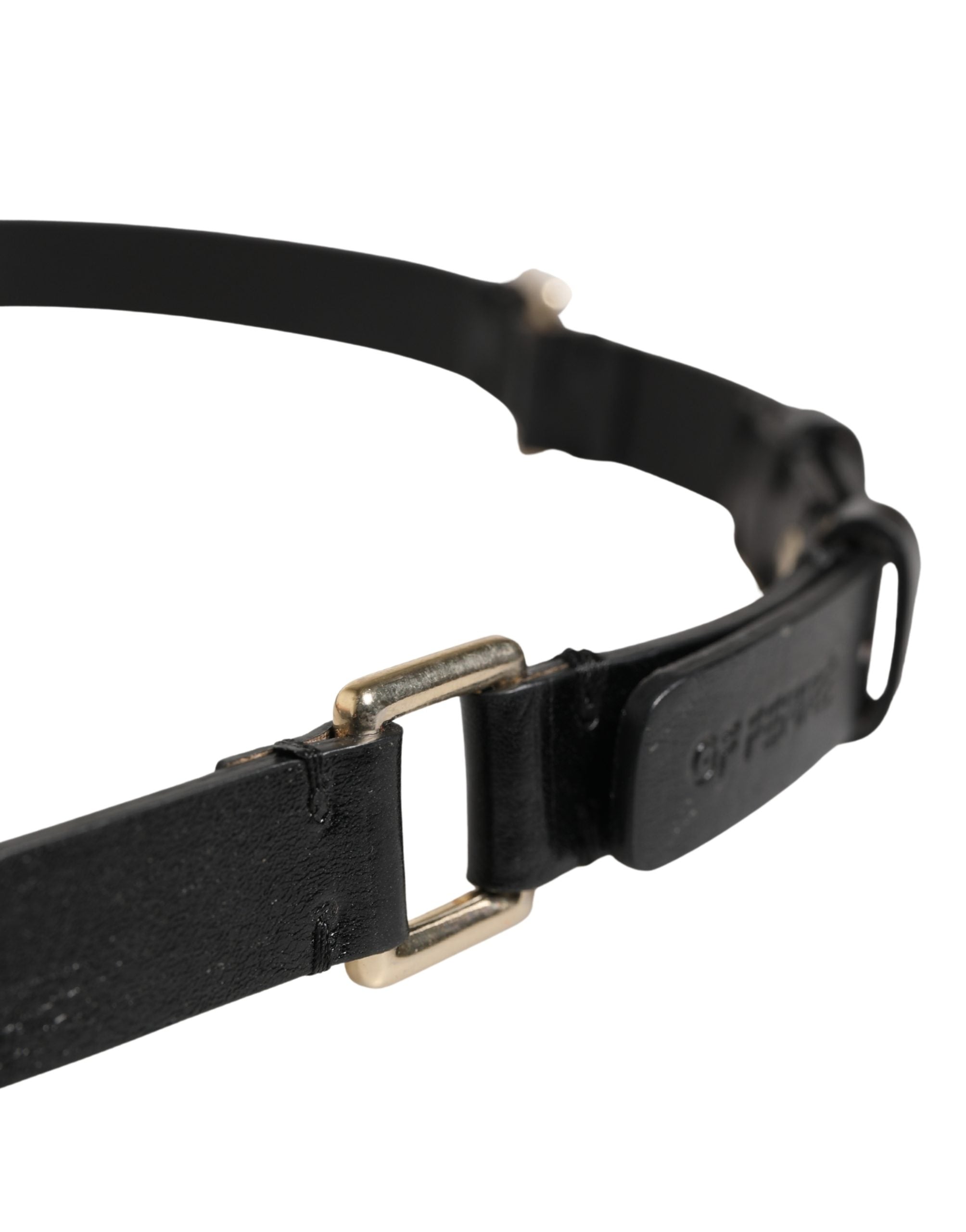 Black Leather Thin Gold Metal Brass Buckle Waist Belt - ventzia