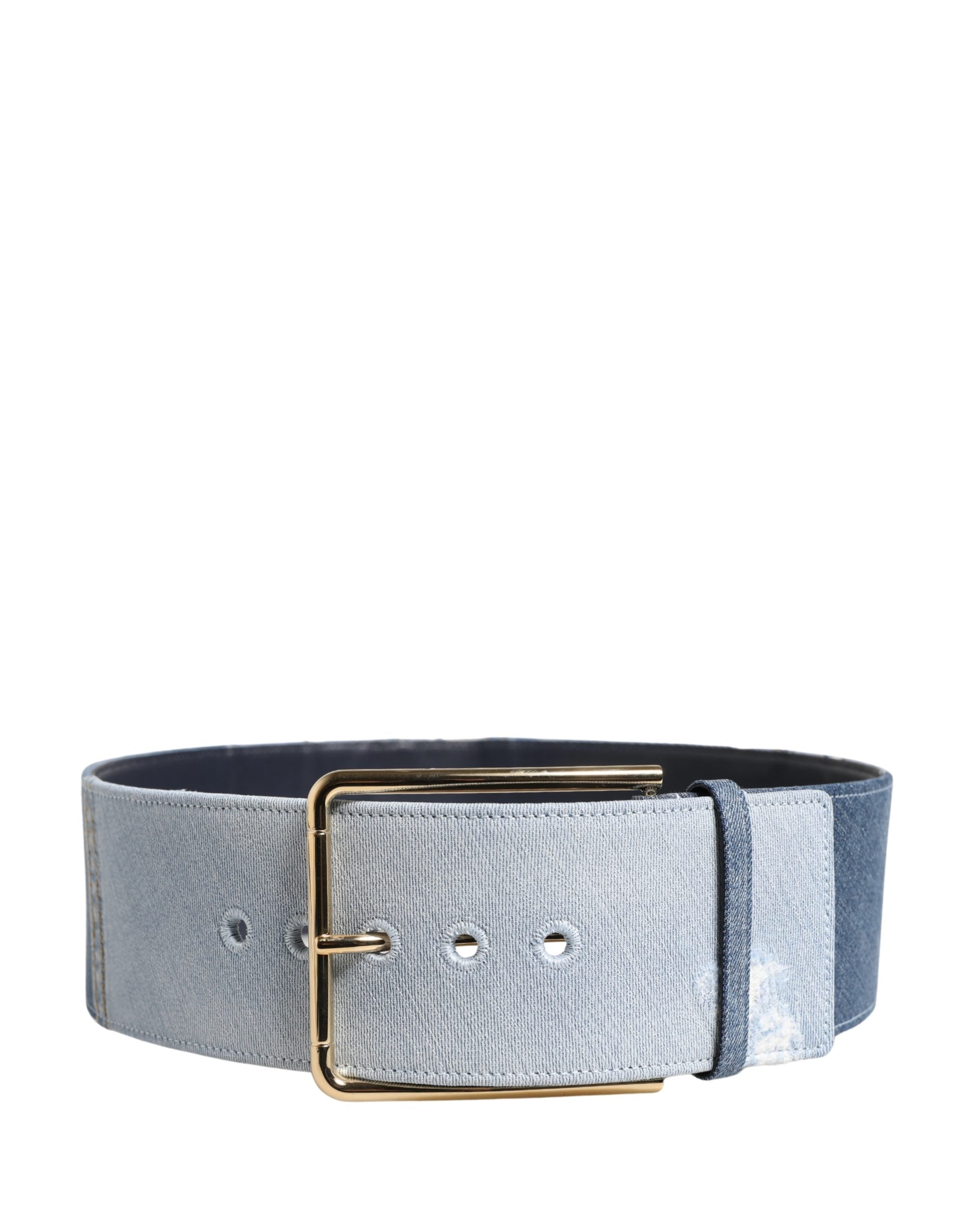 Blue Two Tone Denim Gold Metal Buckle Belt - ventzia