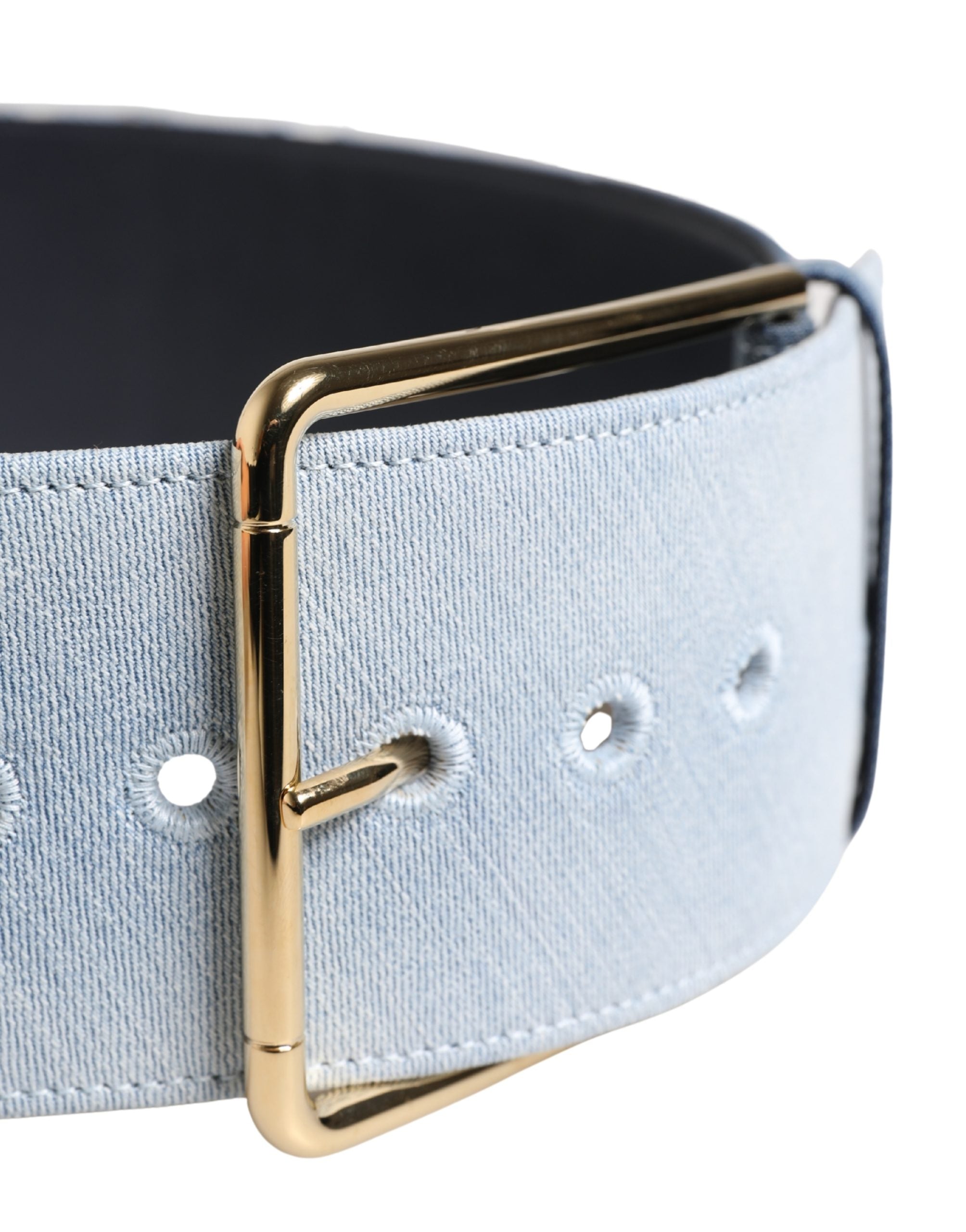 Blue Two Tone Denim Gold Metal Buckle Belt - ventzia