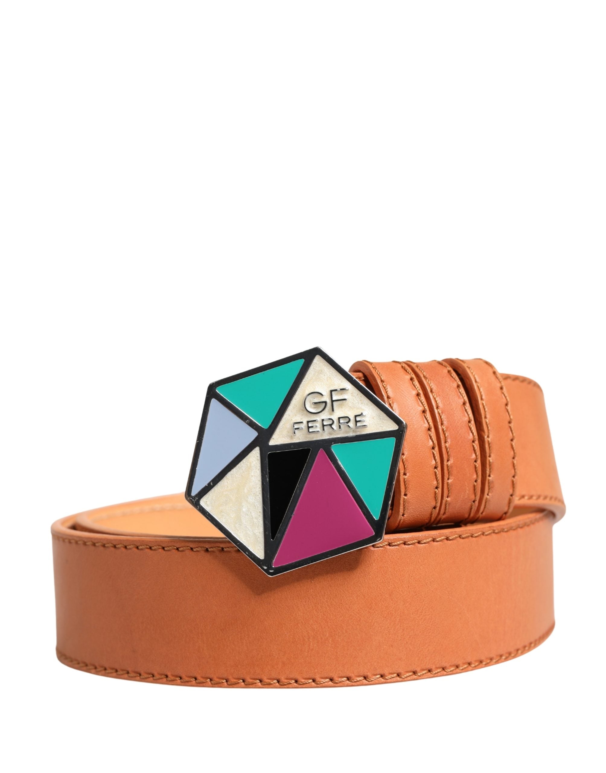 Orange Leather Hexagon Metal Buckle Waist Women Belt - ventzia