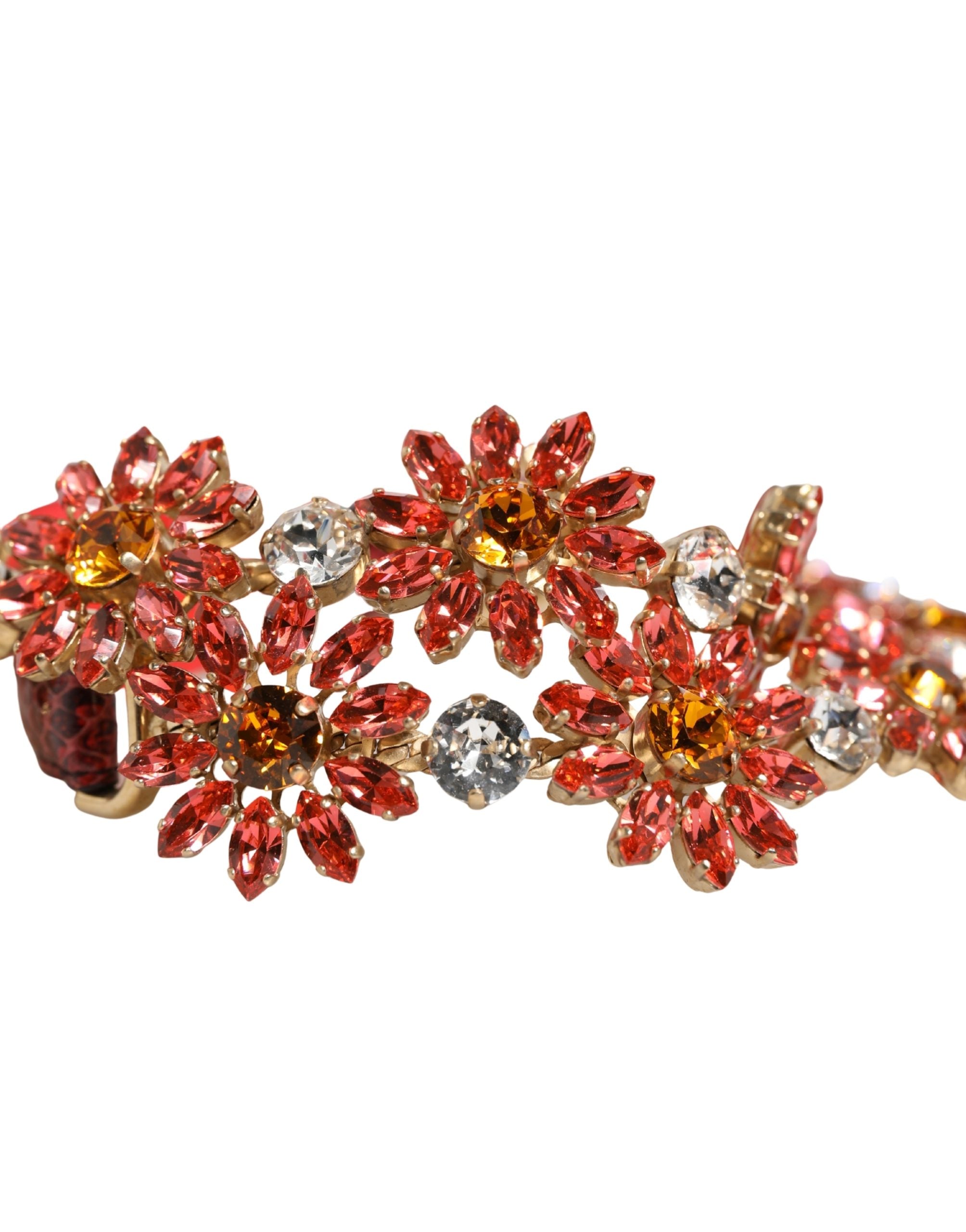 Red Leather Daisy Crystal Embellished Waist Belt - ventzia