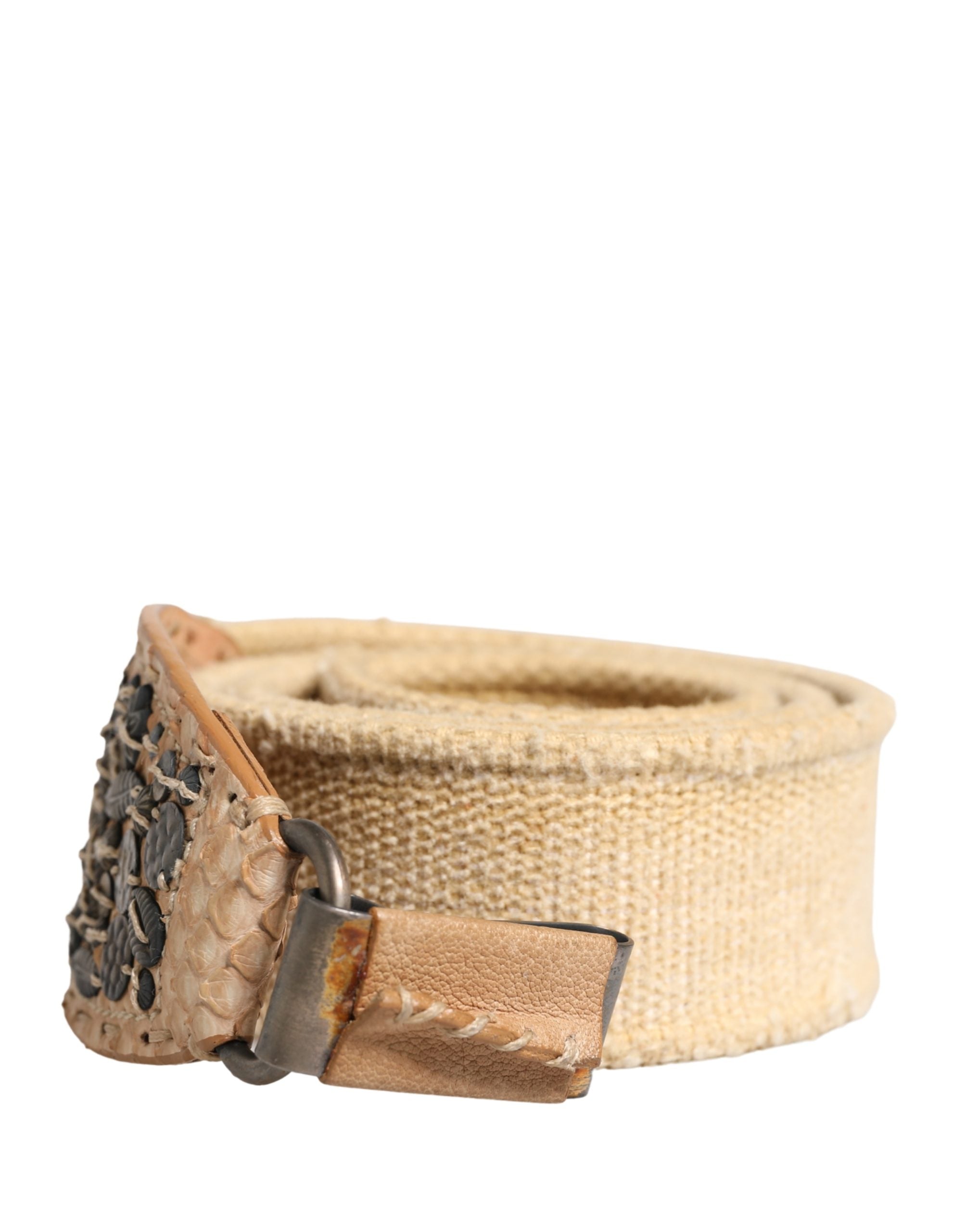 Beige Canvas Embellished Metal Buckle Belt - ventzia
