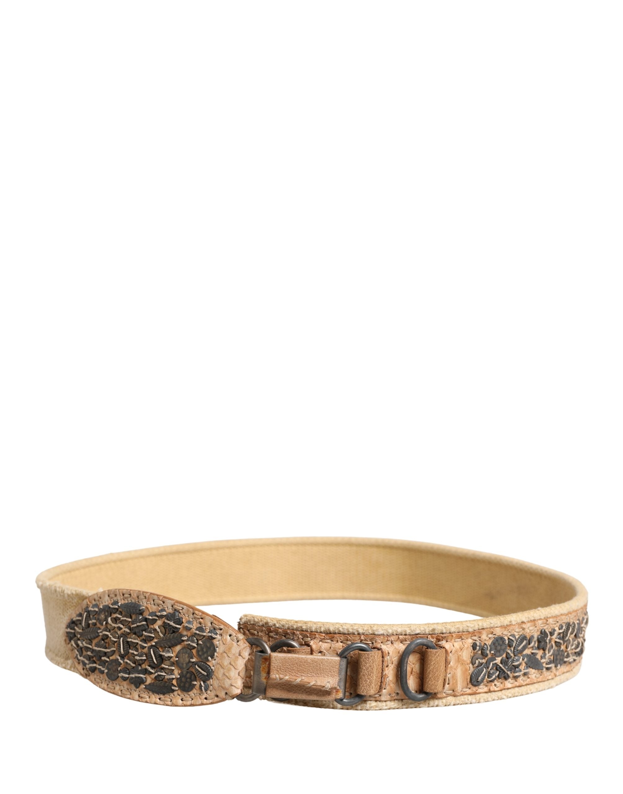 Beige Canvas Embellished Metal Buckle Belt - ventzia