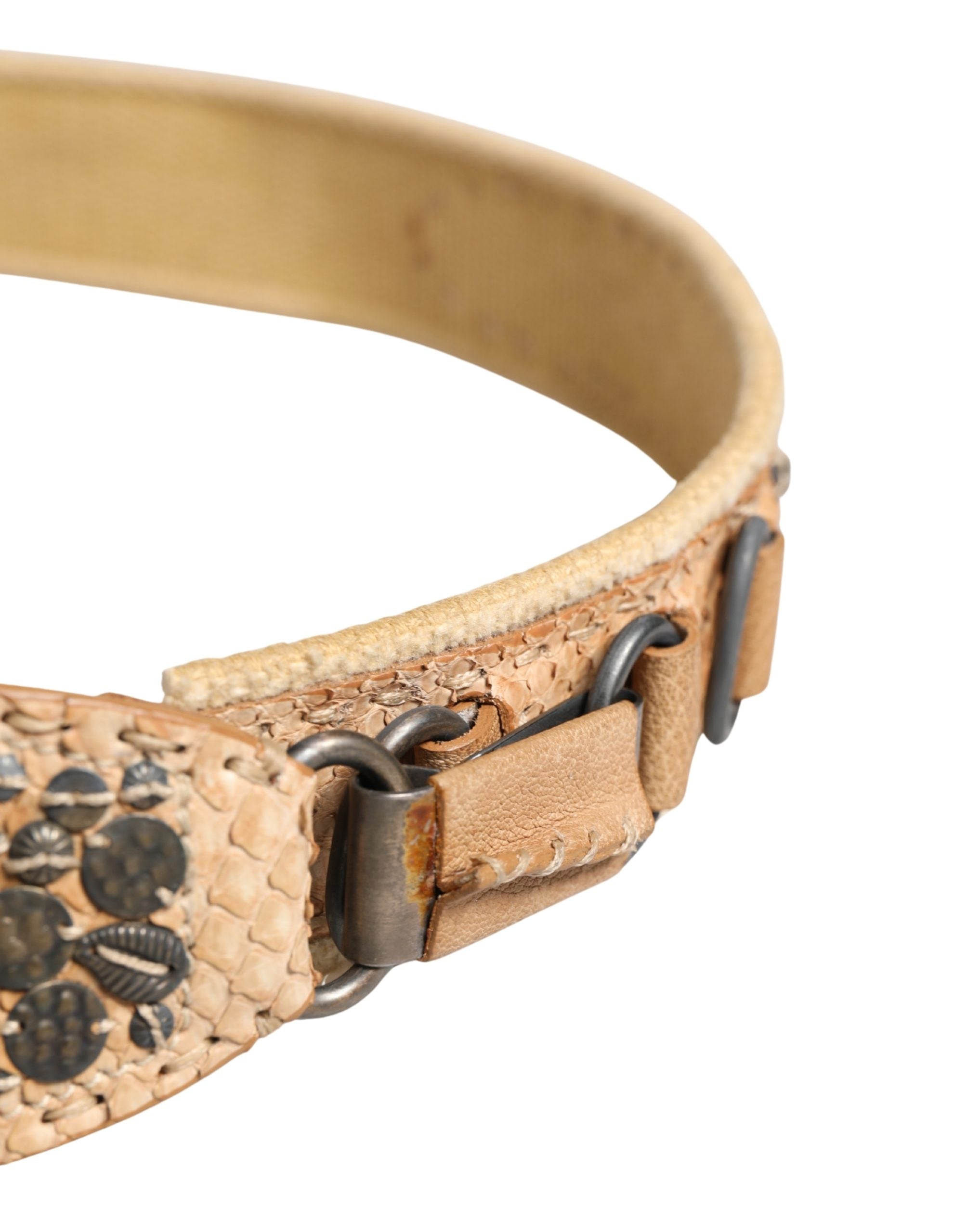 Beige Canvas Embellished Metal Buckle Belt - ventzia