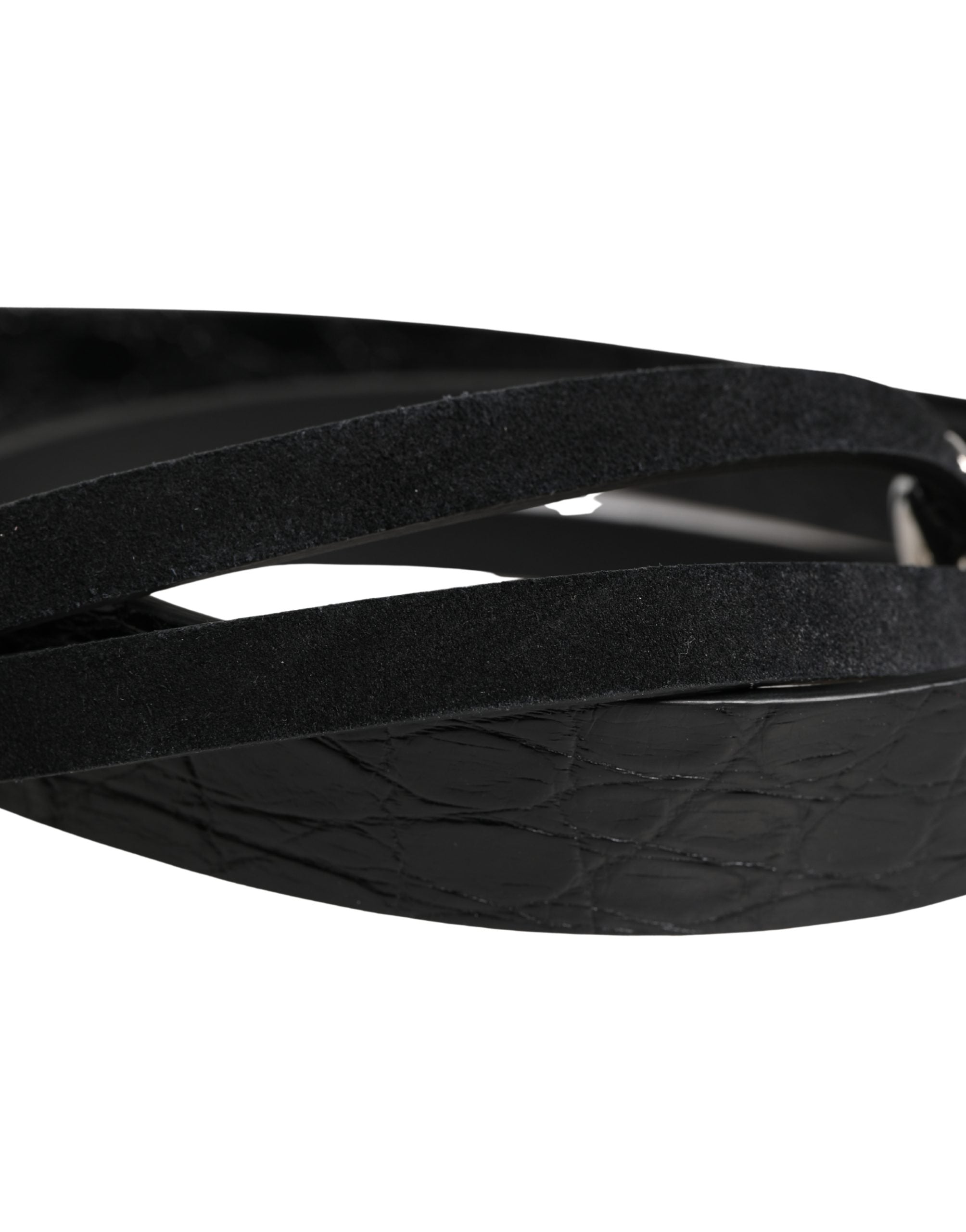 Black Exotic Leather Silver Metal Buckle Belt - ventzia