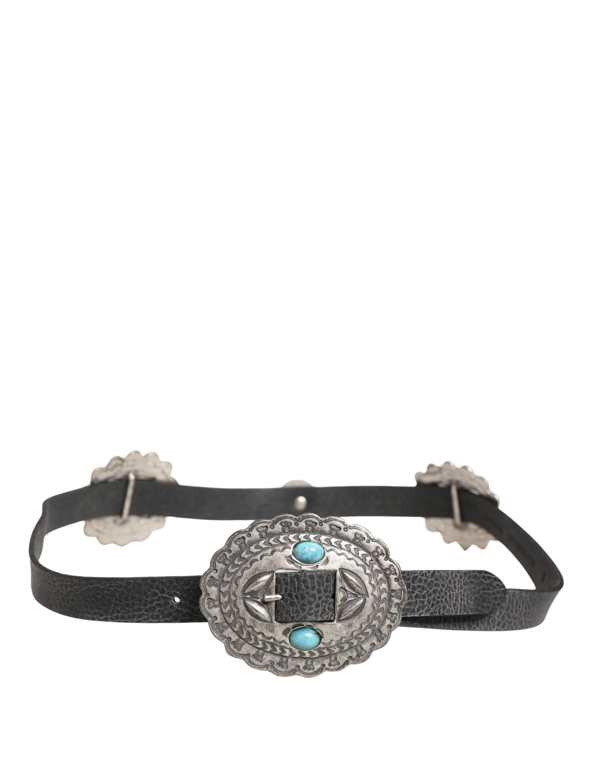 Black Turquoise Leather Embellished Oval Buckle Belt - ventzia