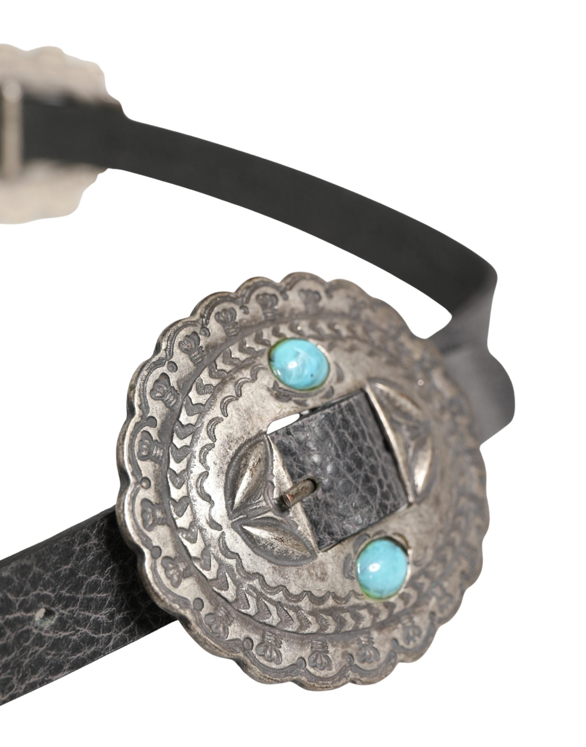 Black Turquoise Leather Embellished Oval Buckle Belt - ventzia