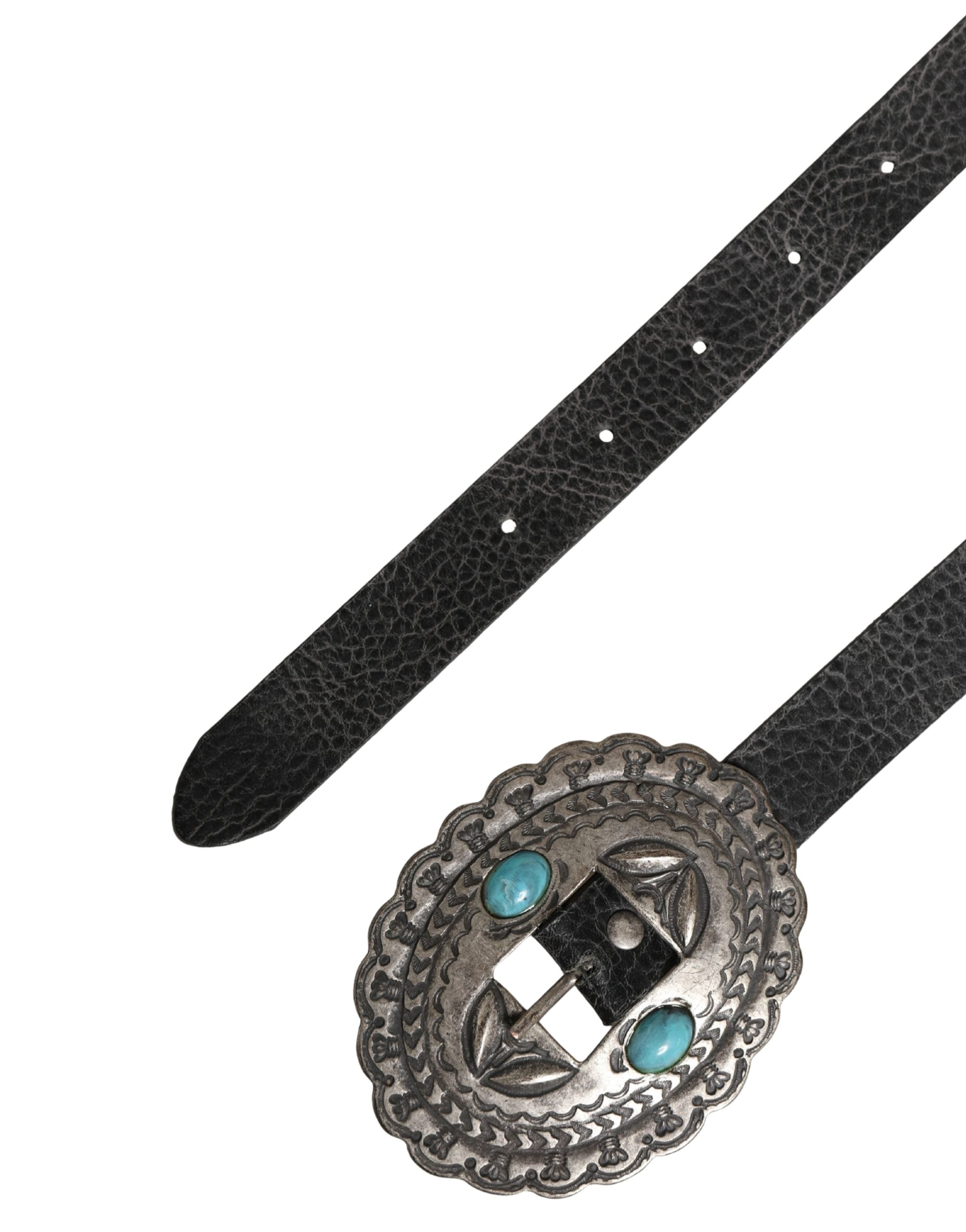 Black Turquoise Leather Embellished Oval Buckle Belt - ventzia