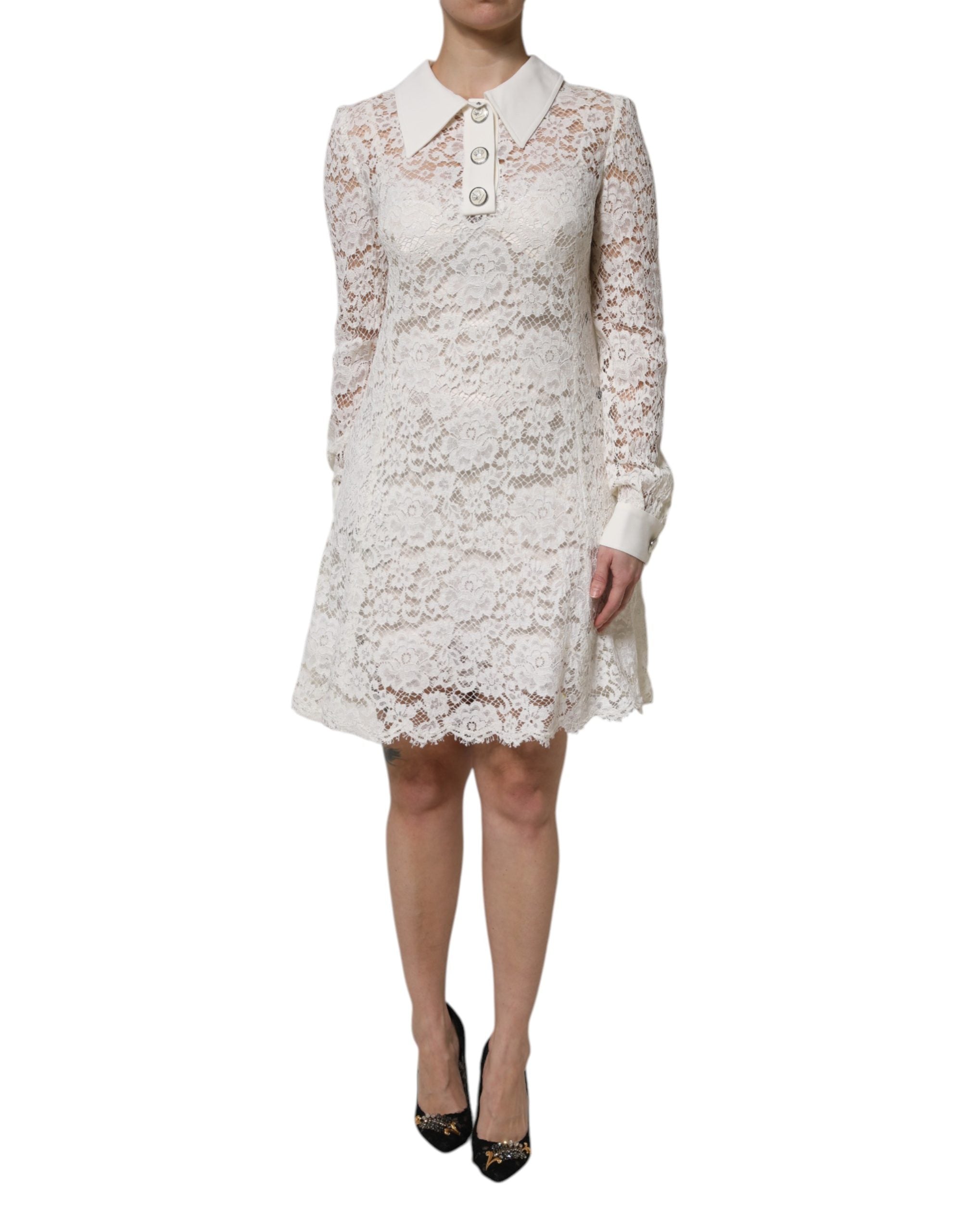 White Floral Lace Viscose Collared Mini Dress - ventzia
