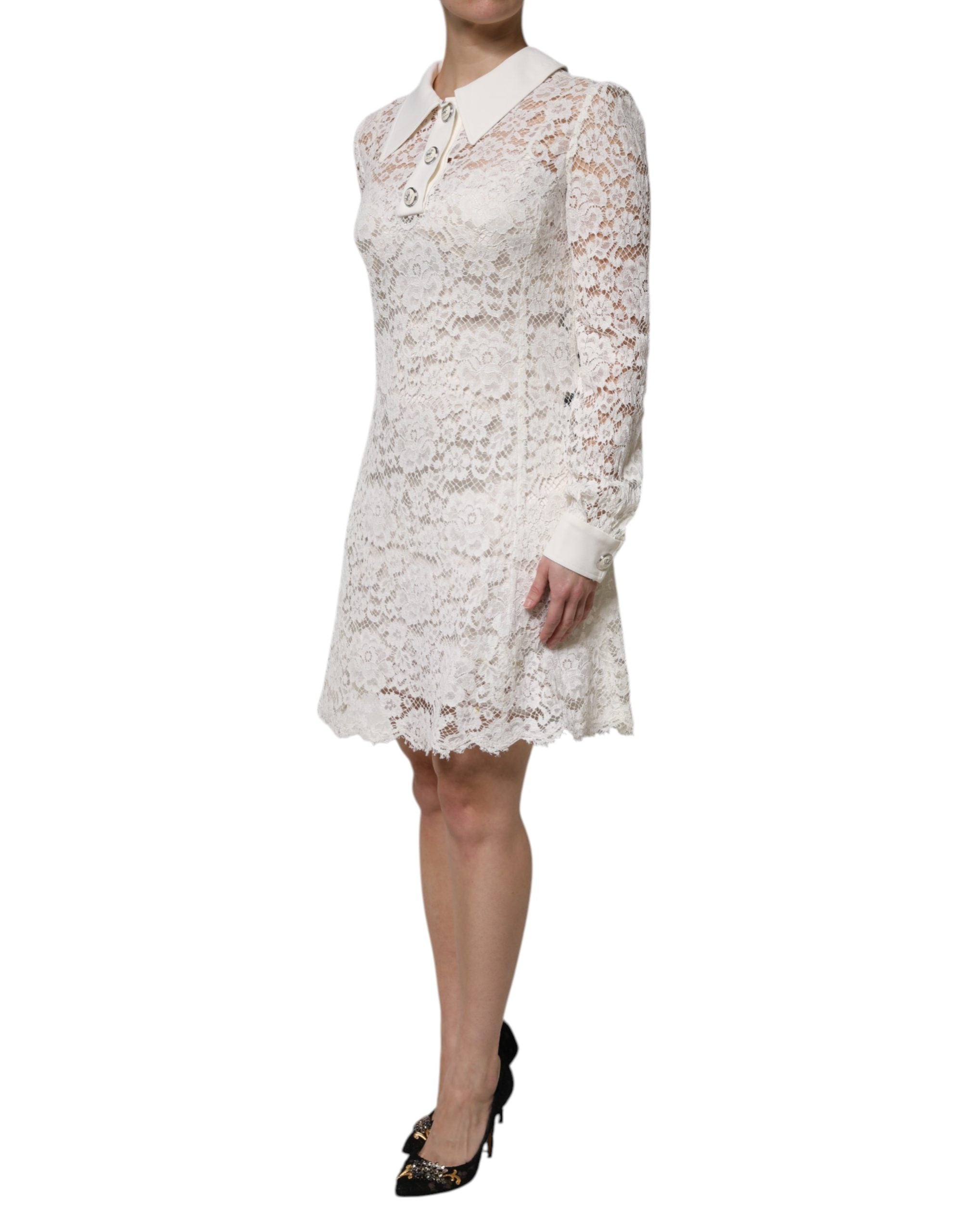 White Floral Lace Viscose Collared Mini Dress - ventzia