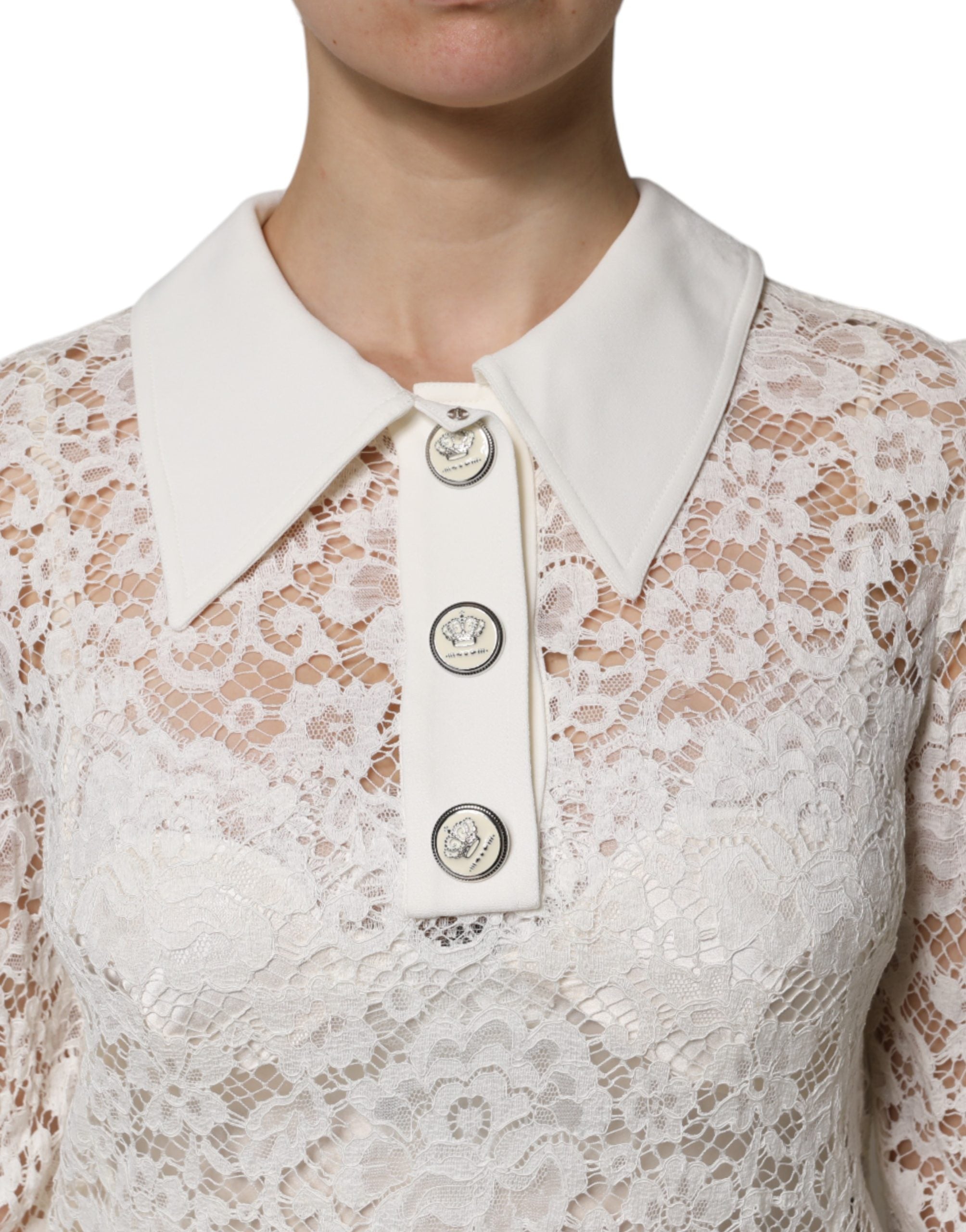 White Floral Lace Viscose Collared Mini Dress - ventzia