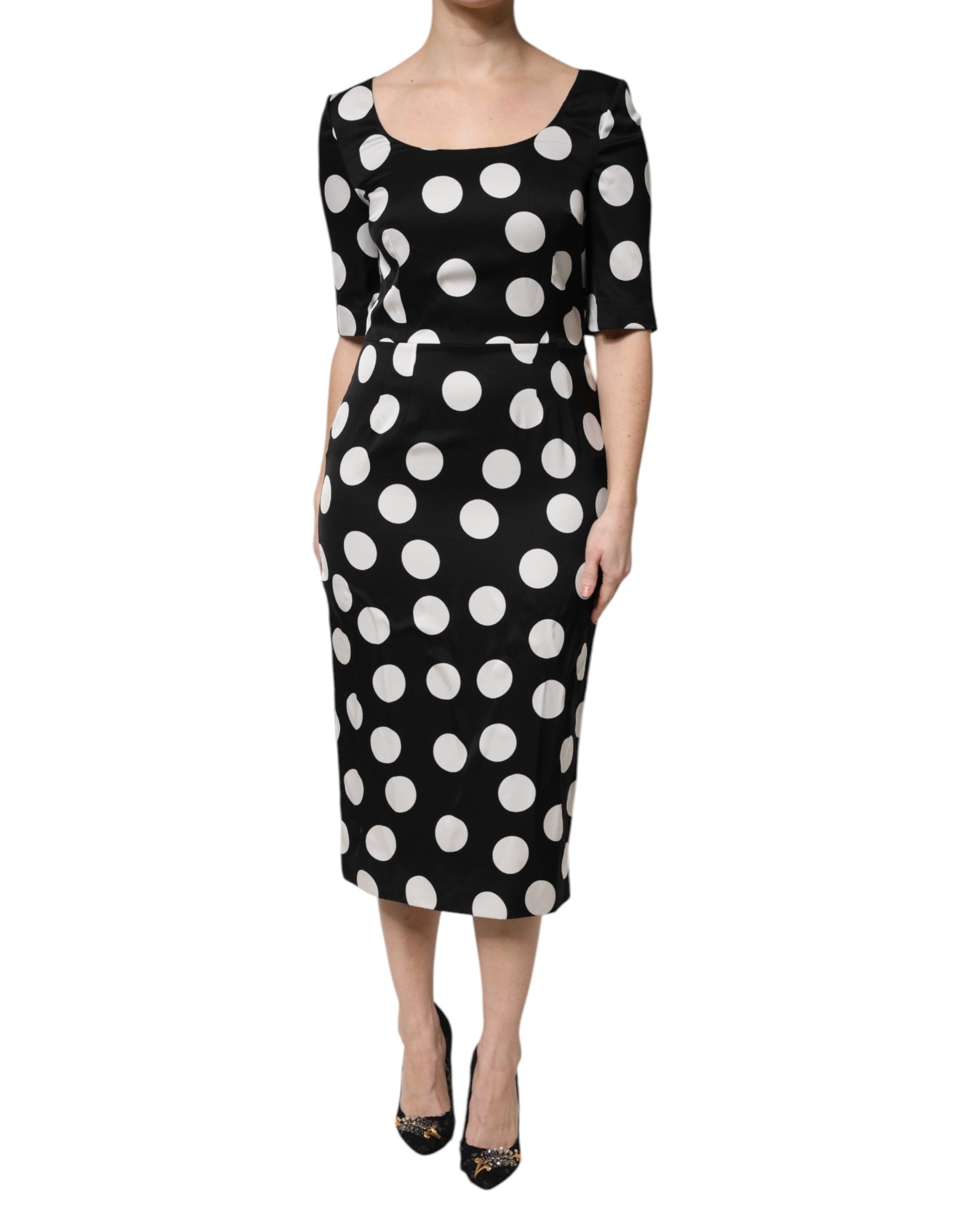 Black White Polka Dot Silk Sheath Midi Dress - ventzia