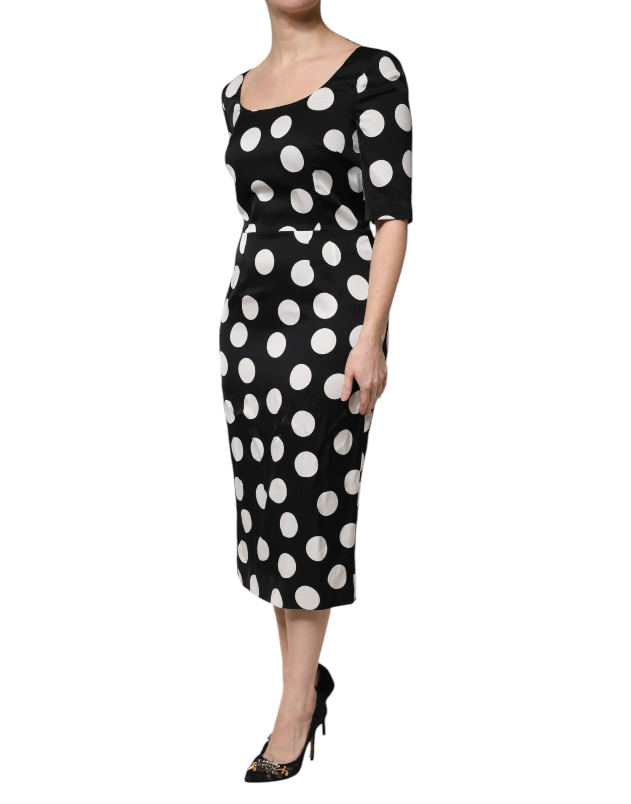 Black White Polka Dot Silk Sheath Midi Dress - ventzia