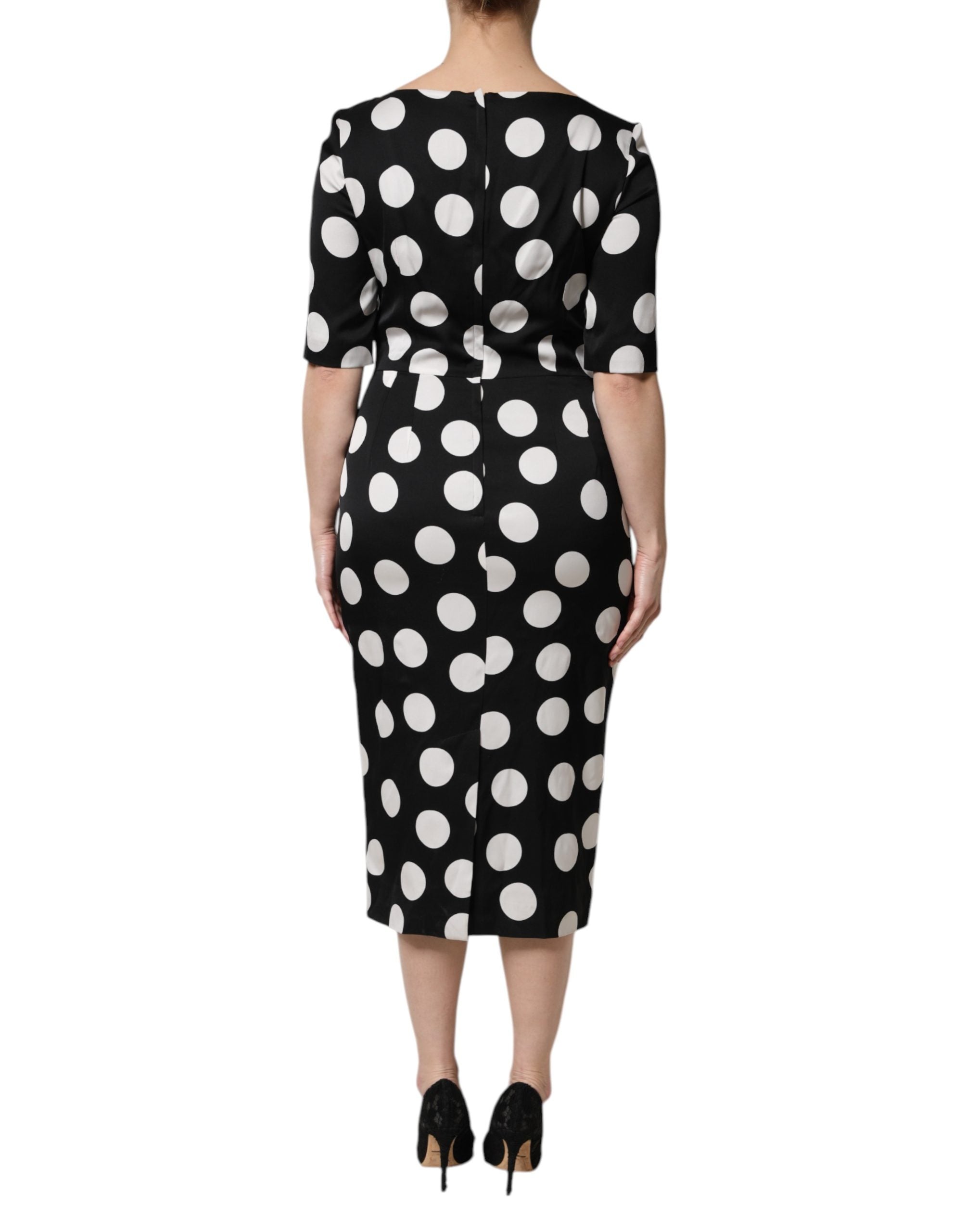 Black White Polka Dot Silk Sheath Midi Dress - ventzia