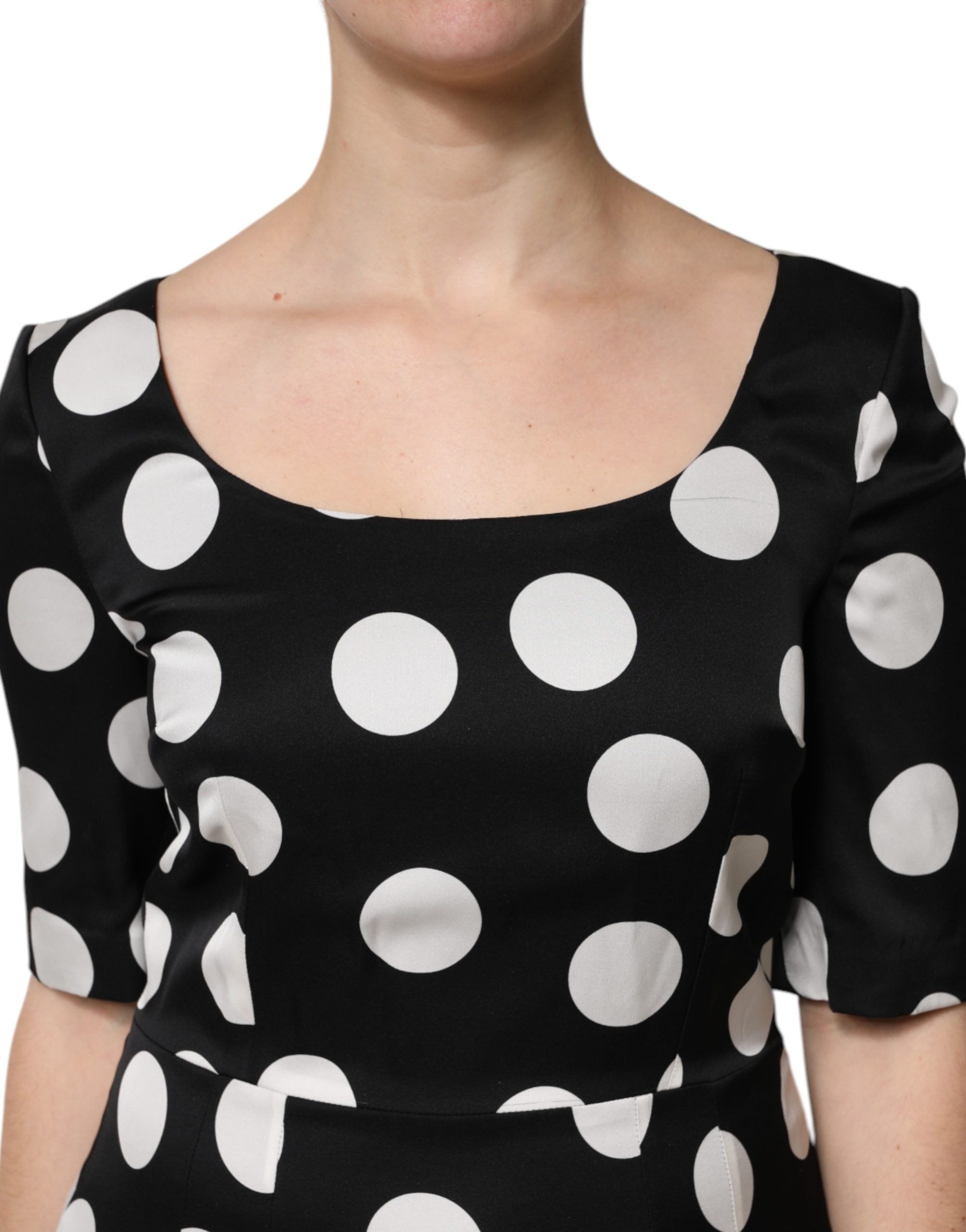 Black White Polka Dot Silk Sheath Midi Dress - ventzia