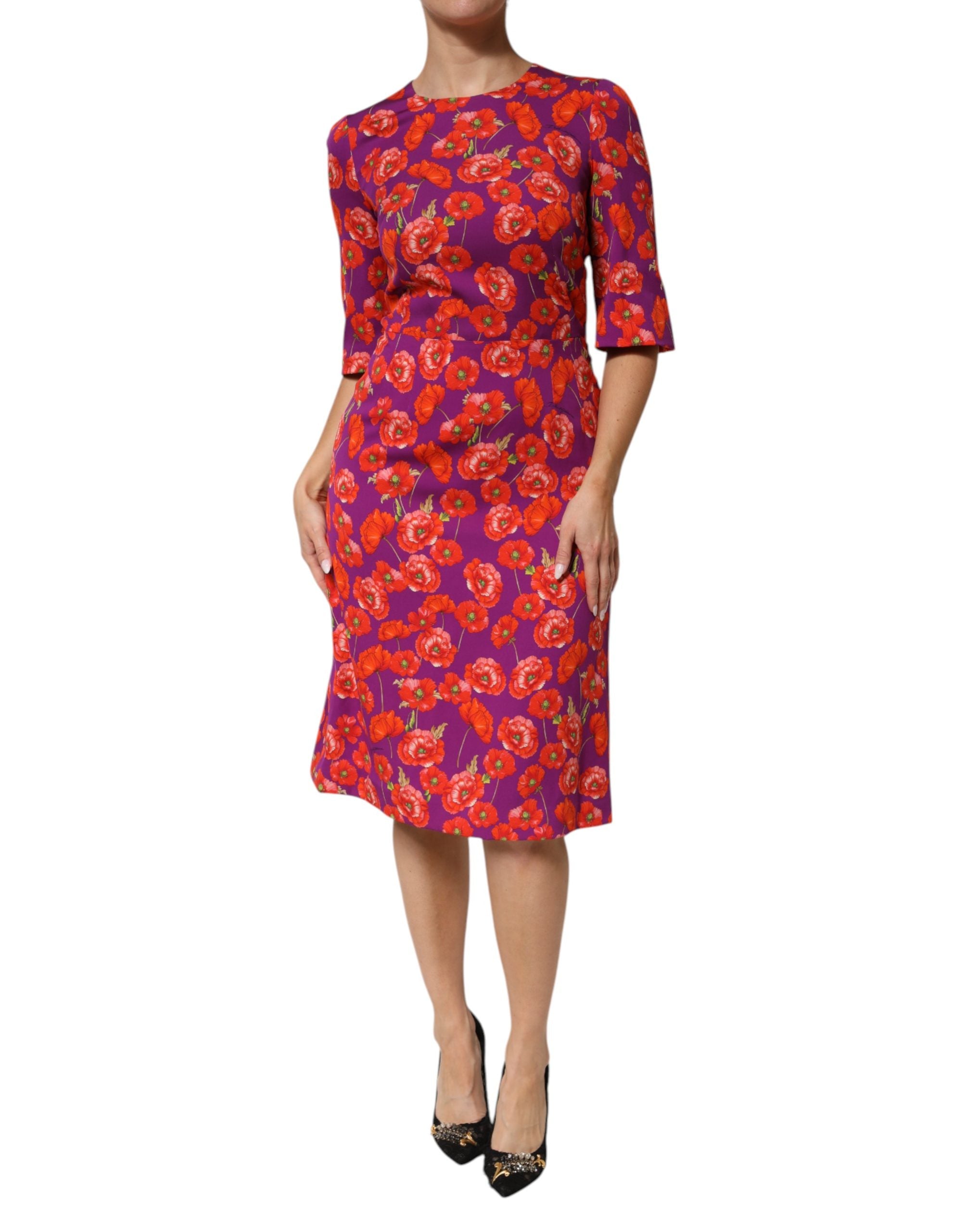 Purple Silk Floral Print Midi Sheath Dress - ventzia