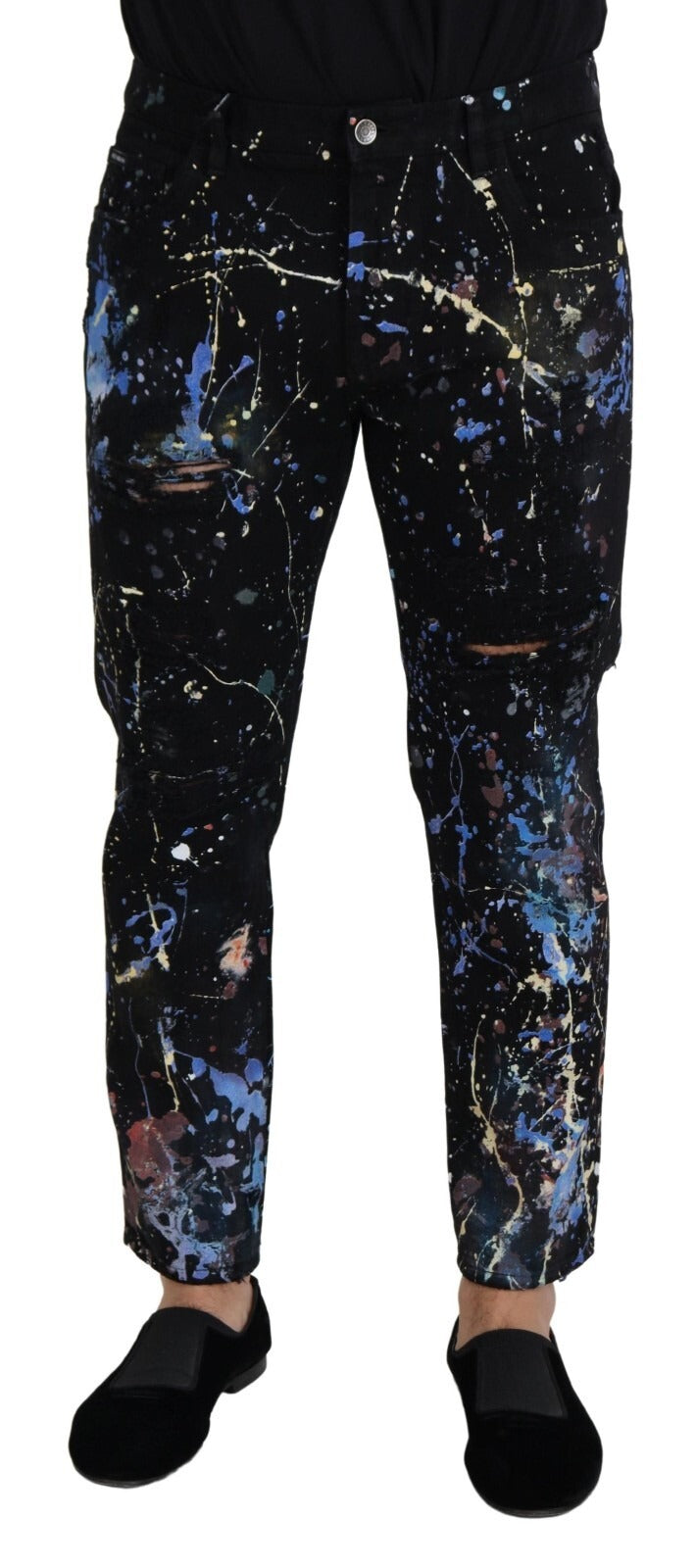 Black Cotton Color Splash Print Denim Jeans - ventzia