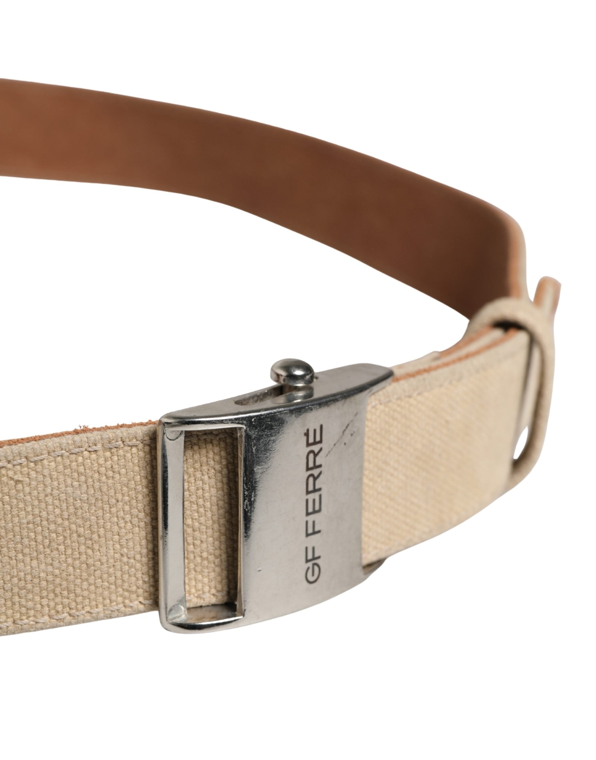Men Beige Canvas Silver Metal Buckle Cintura Belt - ventzia
