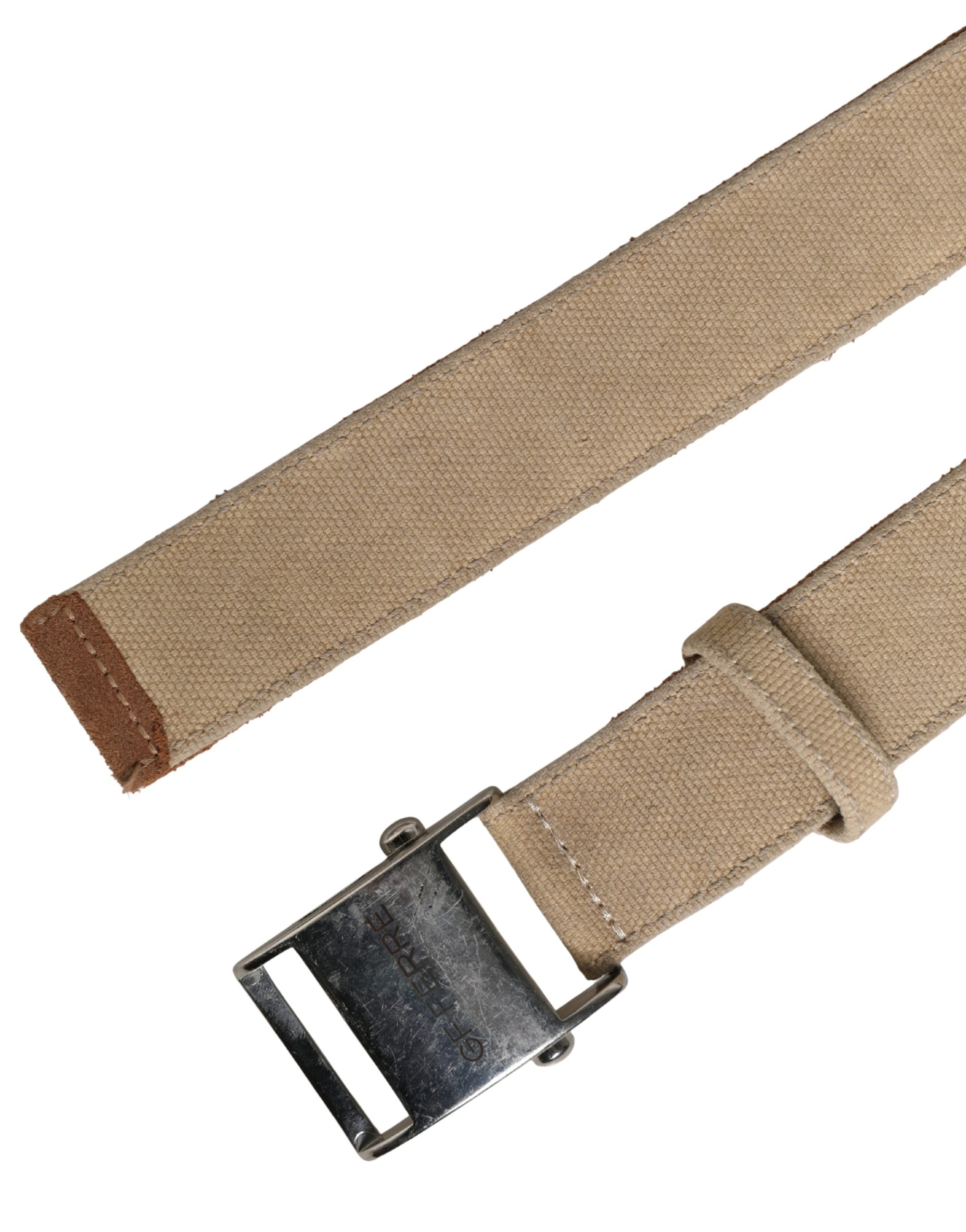 Men Beige Canvas Silver Metal Buckle Cintura Belt - ventzia