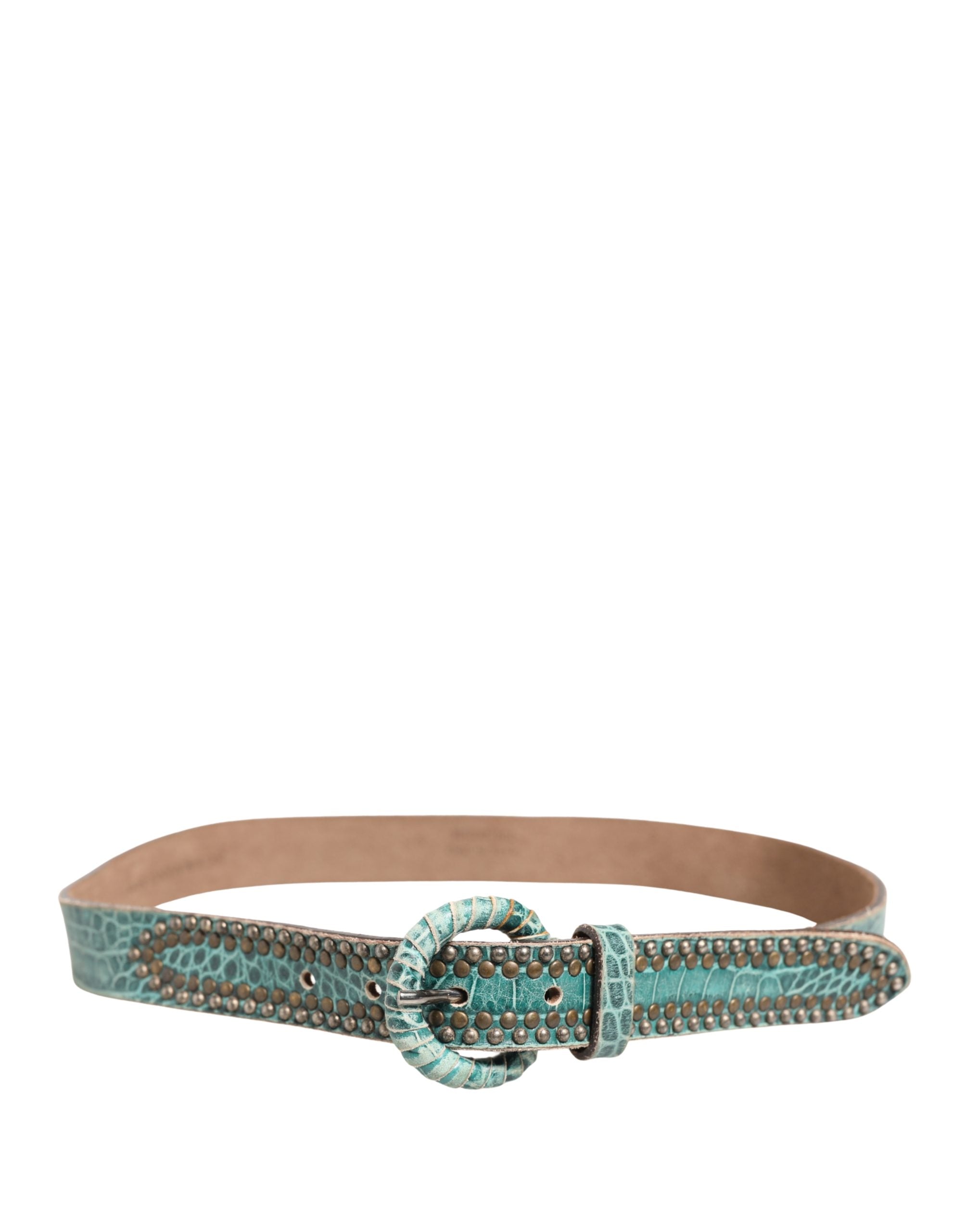 Women Green Leather Croco Print Studded Belt - ventzia