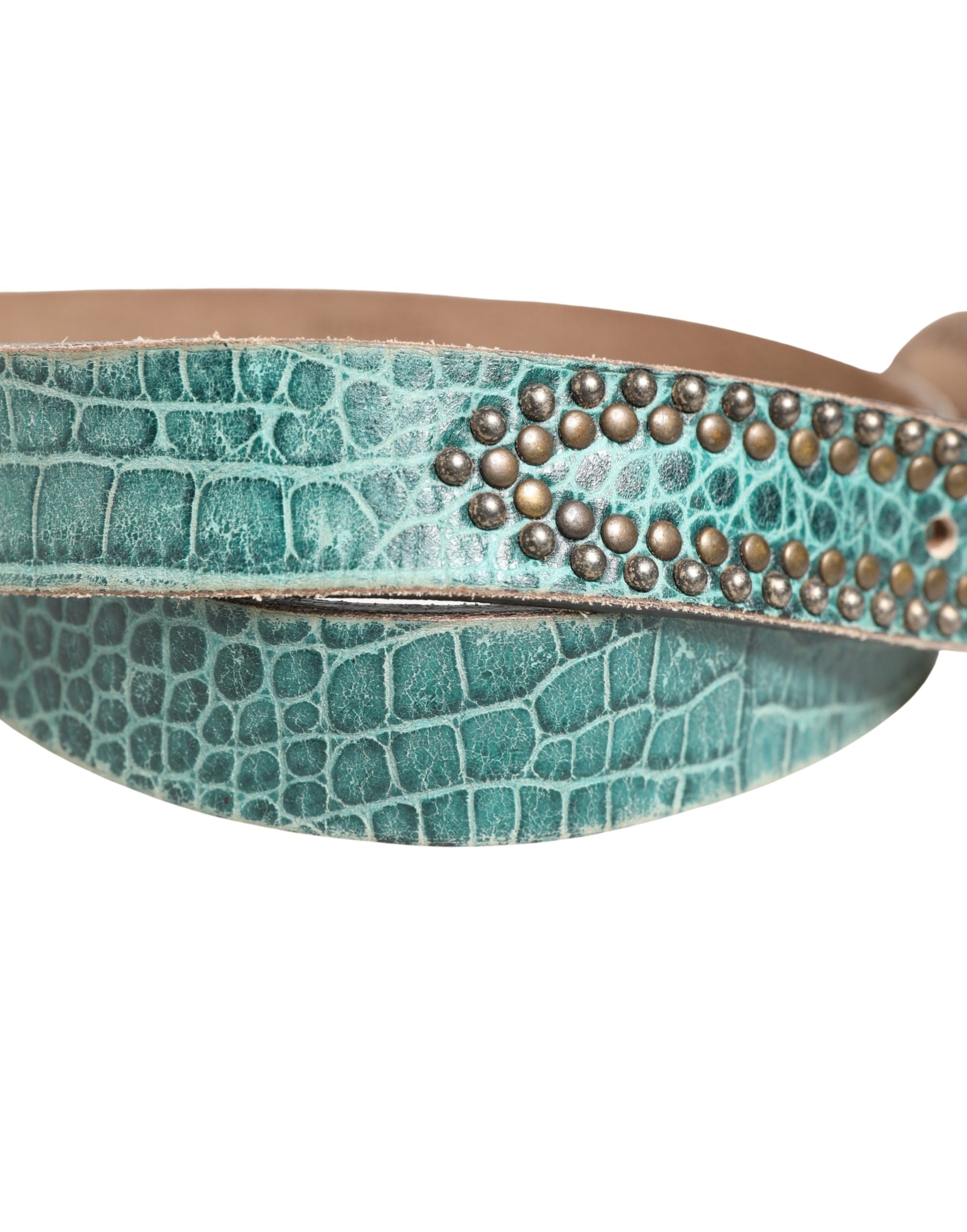 Women Green Leather Croco Print Studded Belt - ventzia