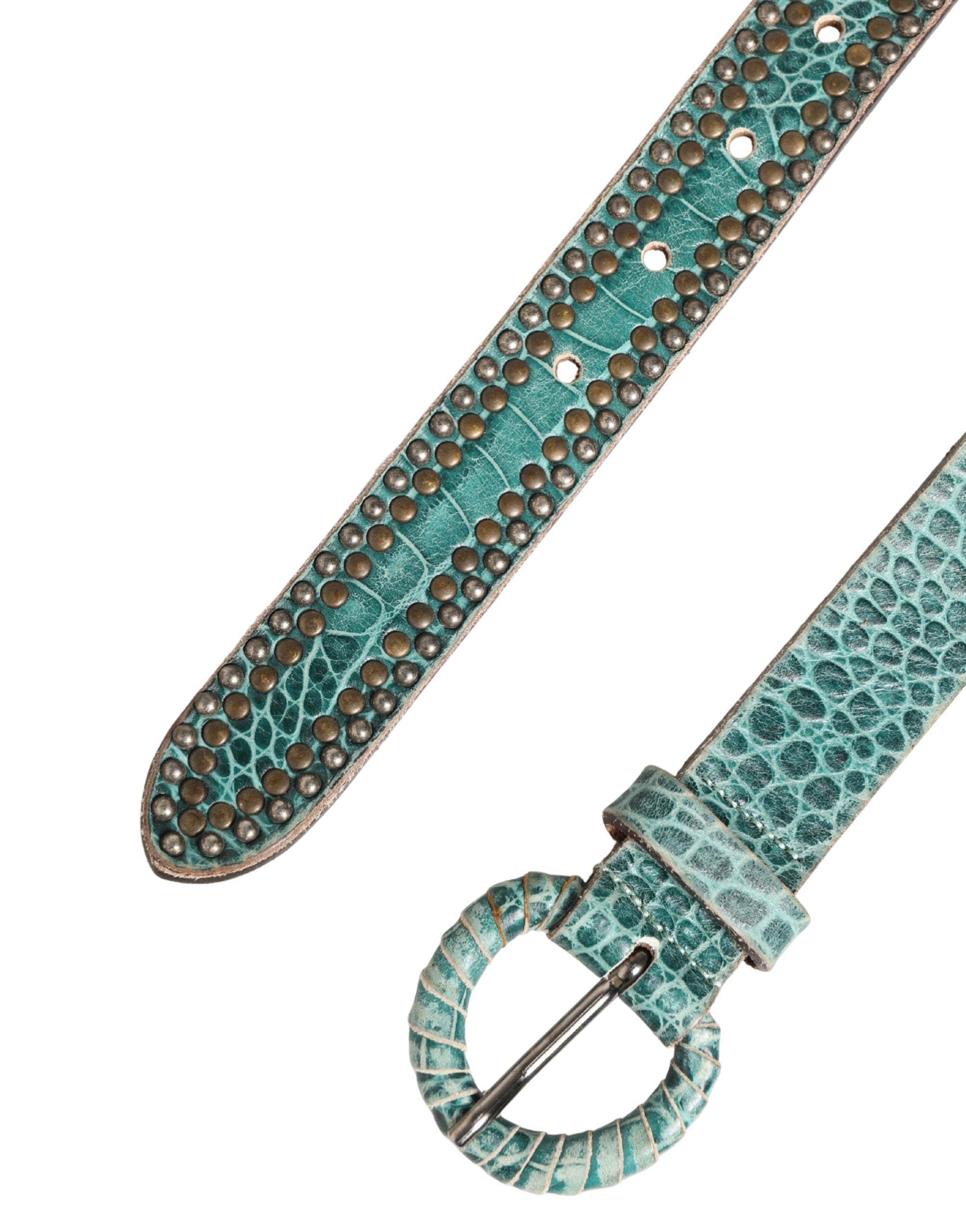 Women Green Leather Croco Print Studded Belt - ventzia