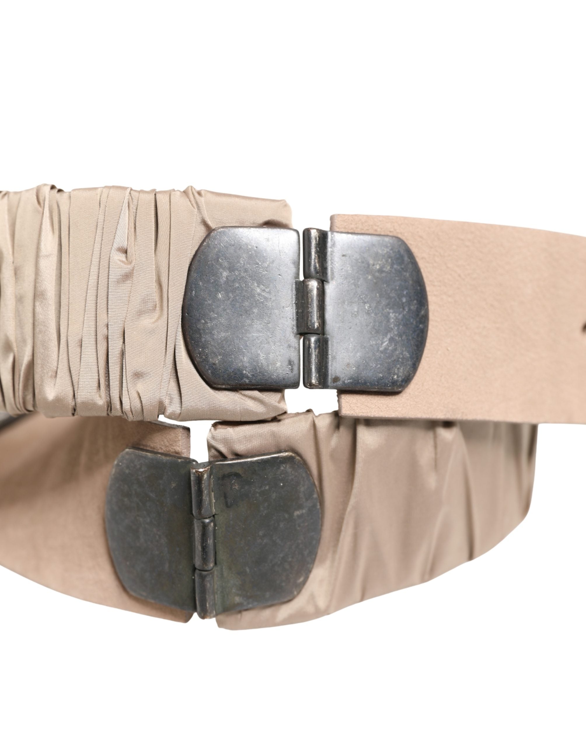 Women Beige Polyester Silver Metal Buckle Waist Belt - ventzia