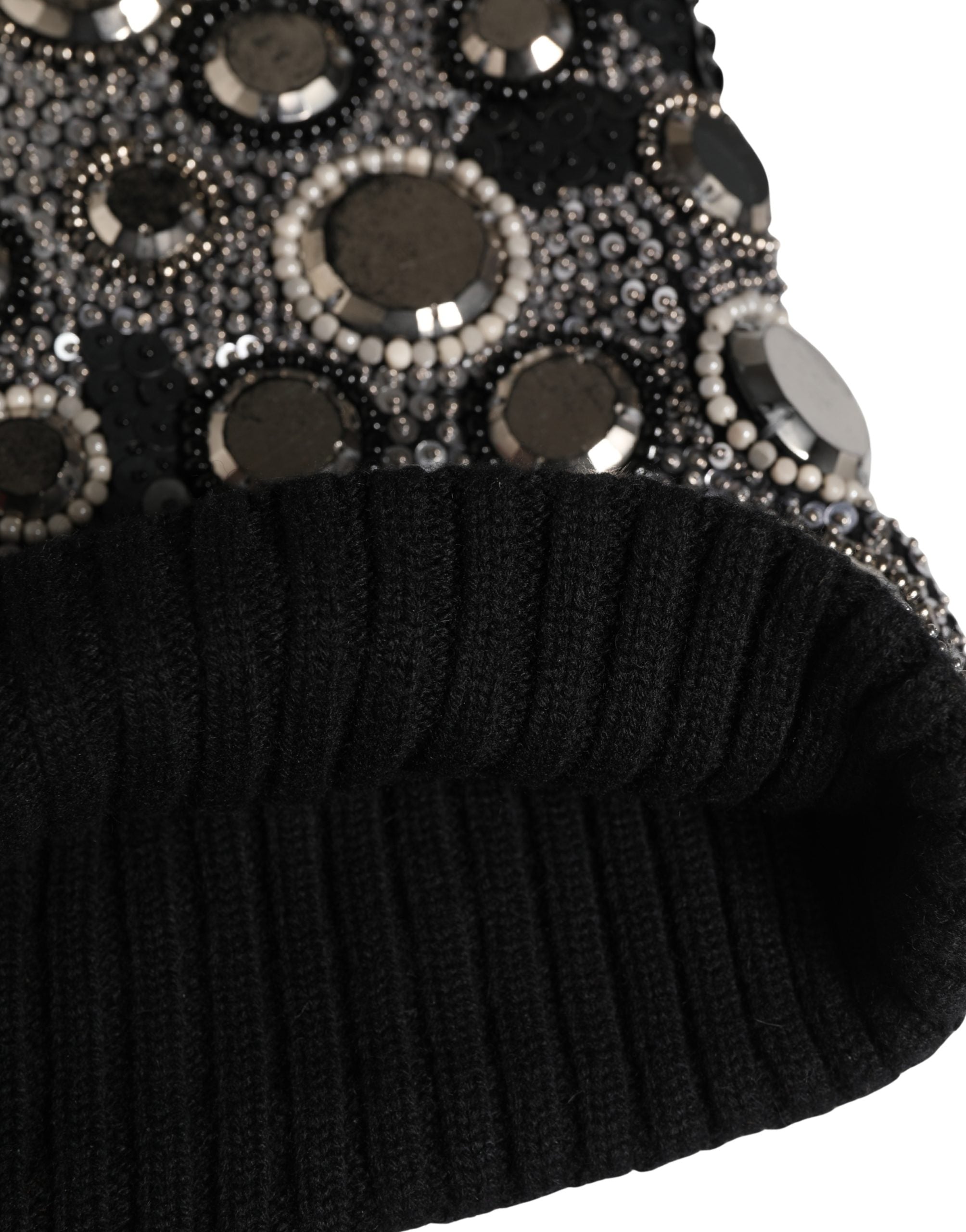 Black Wool Crystal Embellished Balaclava Hat - ventzia