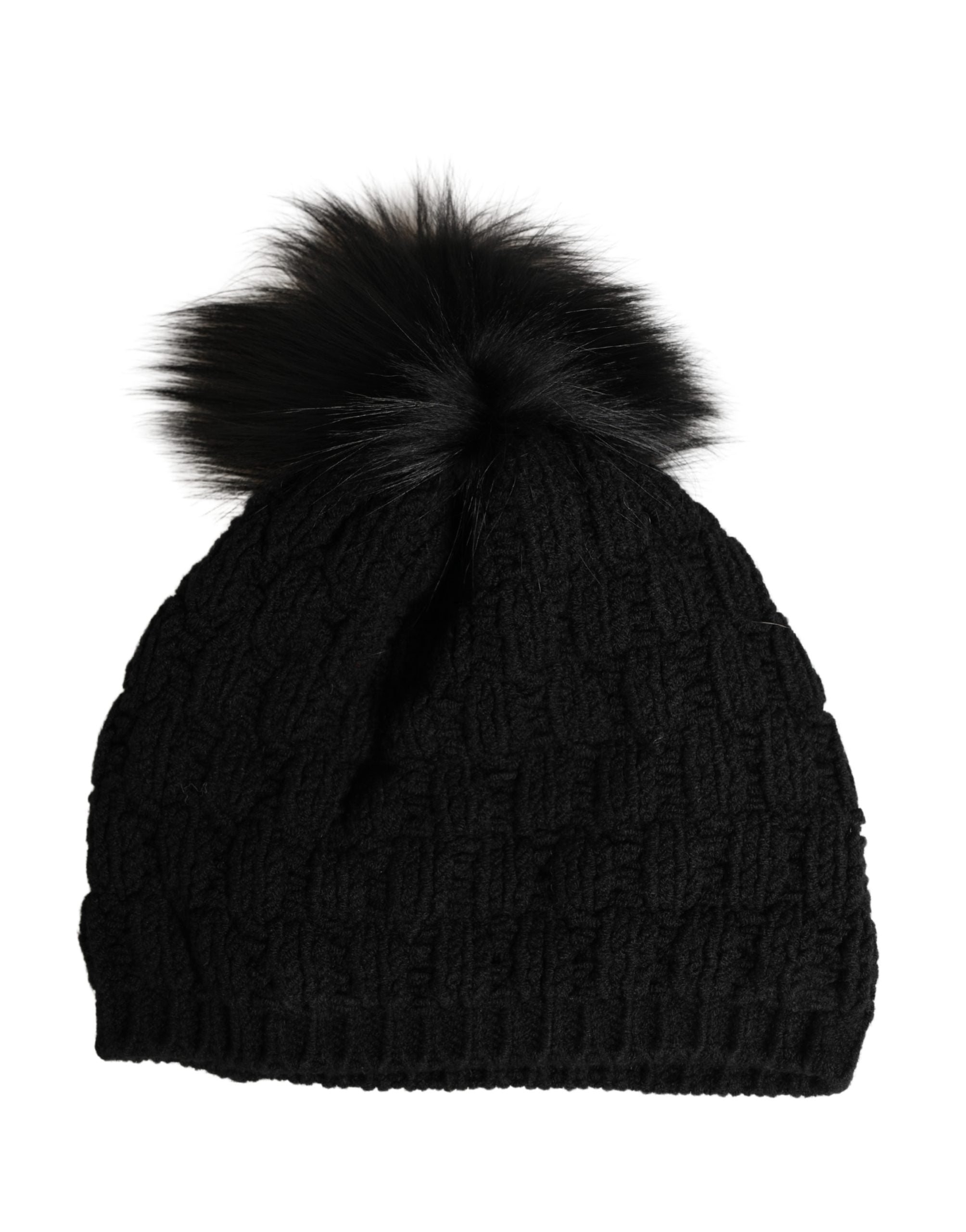 Black Acrylic Knitted Fur Winter Beanie - ventzia