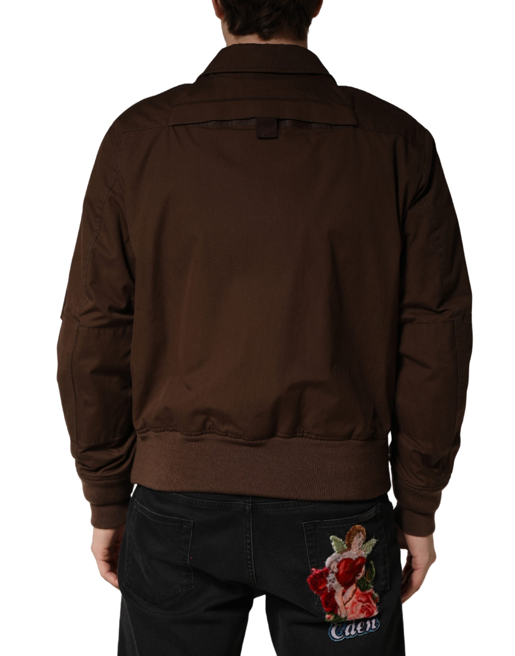 Brown Cotton Stretch Full Zip Bomber Jacket - ventzia