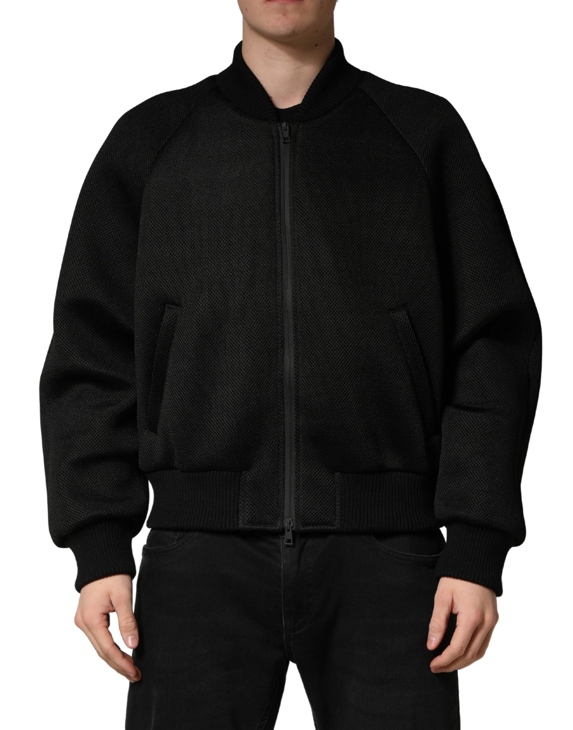 Men Black Nylon Full Zip Bomber Jacket - ventzia