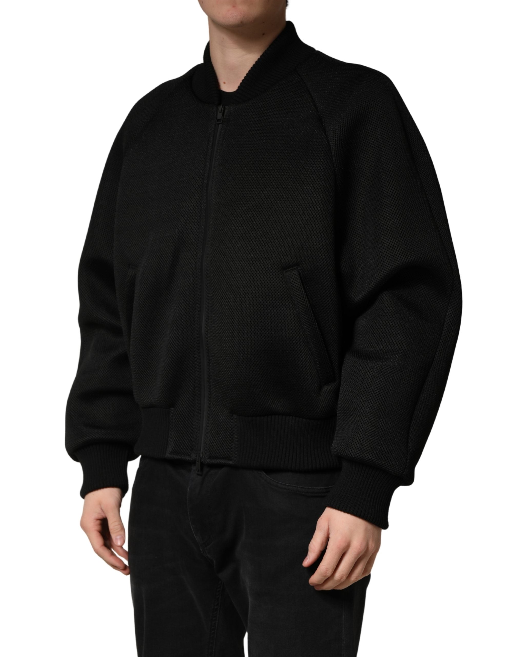 Men Black Nylon Full Zip Bomber Jacket - ventzia