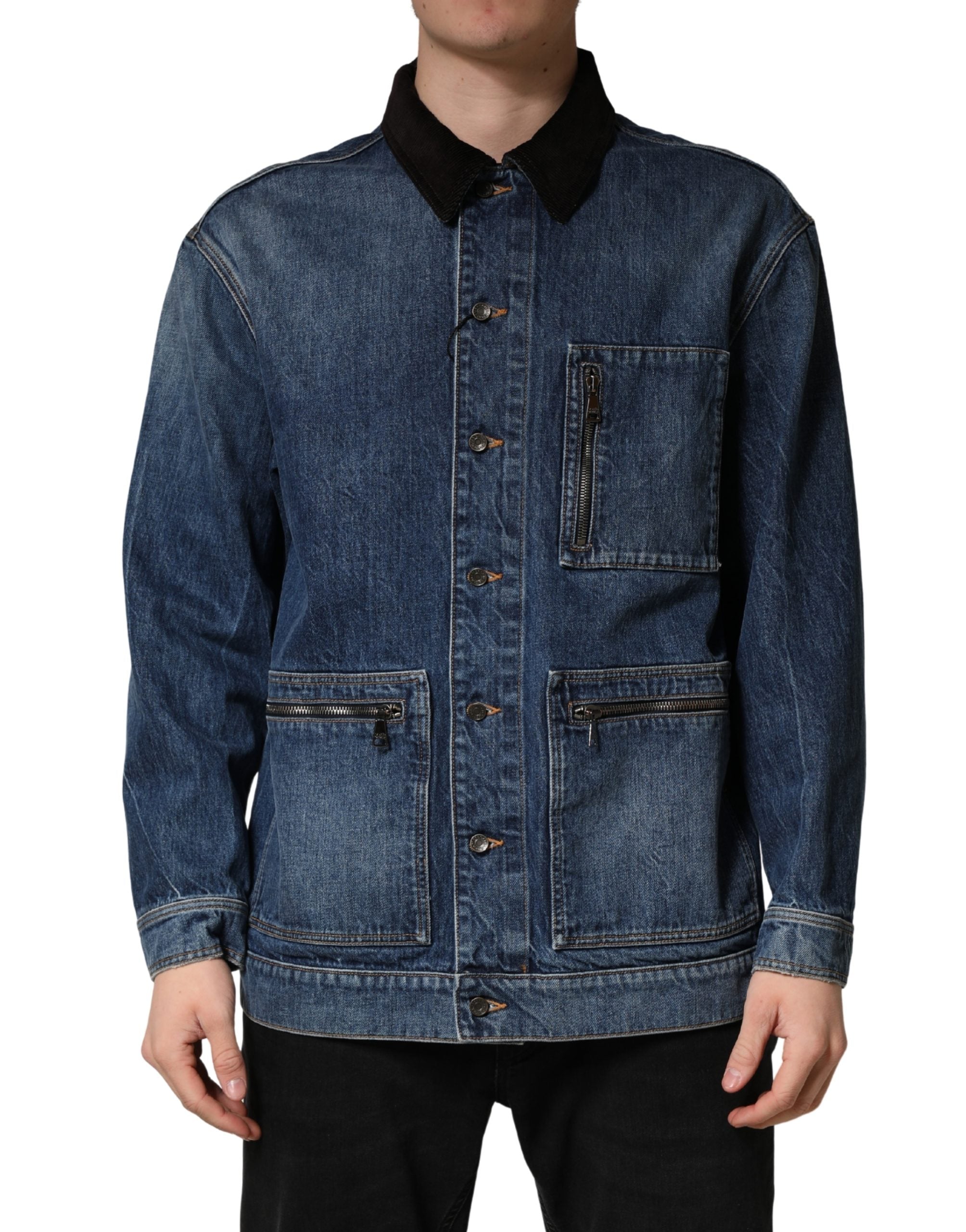 Black Blue Cotton Denim Blouson Men Jacket - ventzia