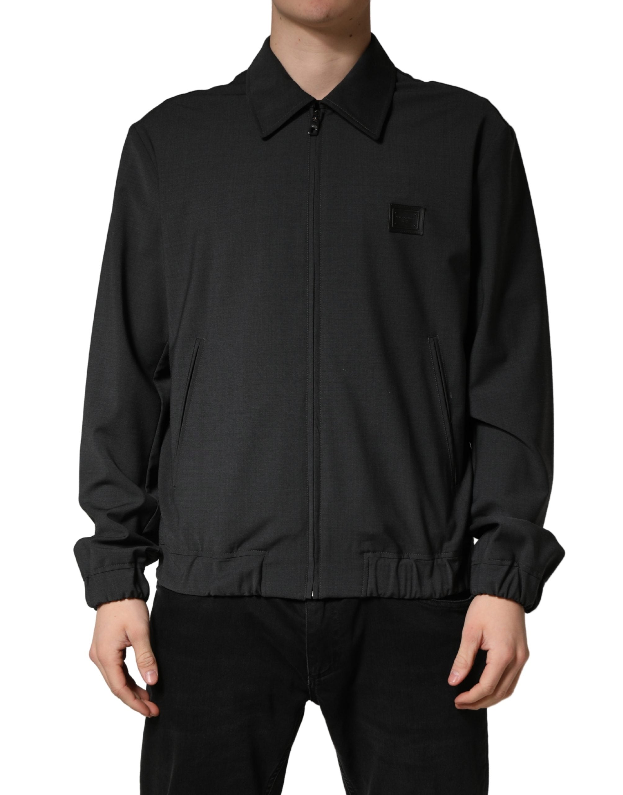 Black Wool Logo Full Zip Men Bomber Jacket - ventzia