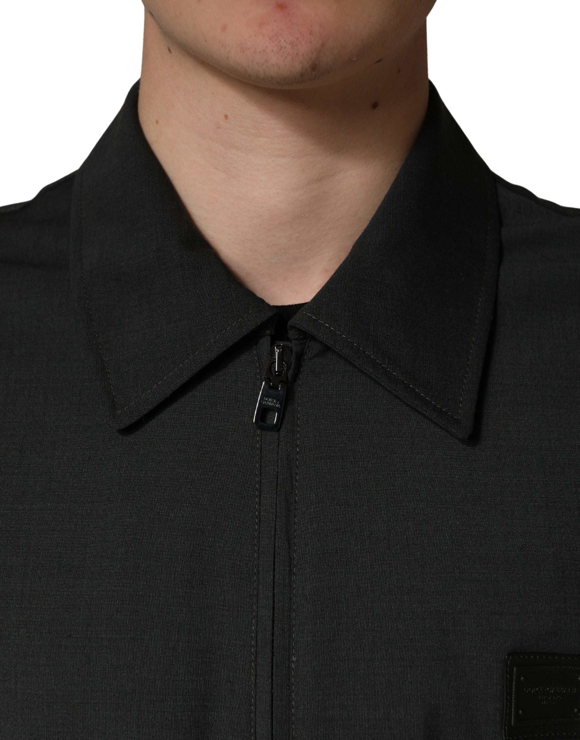 Black Wool Logo Full Zip Men Bomber Jacket - ventzia
