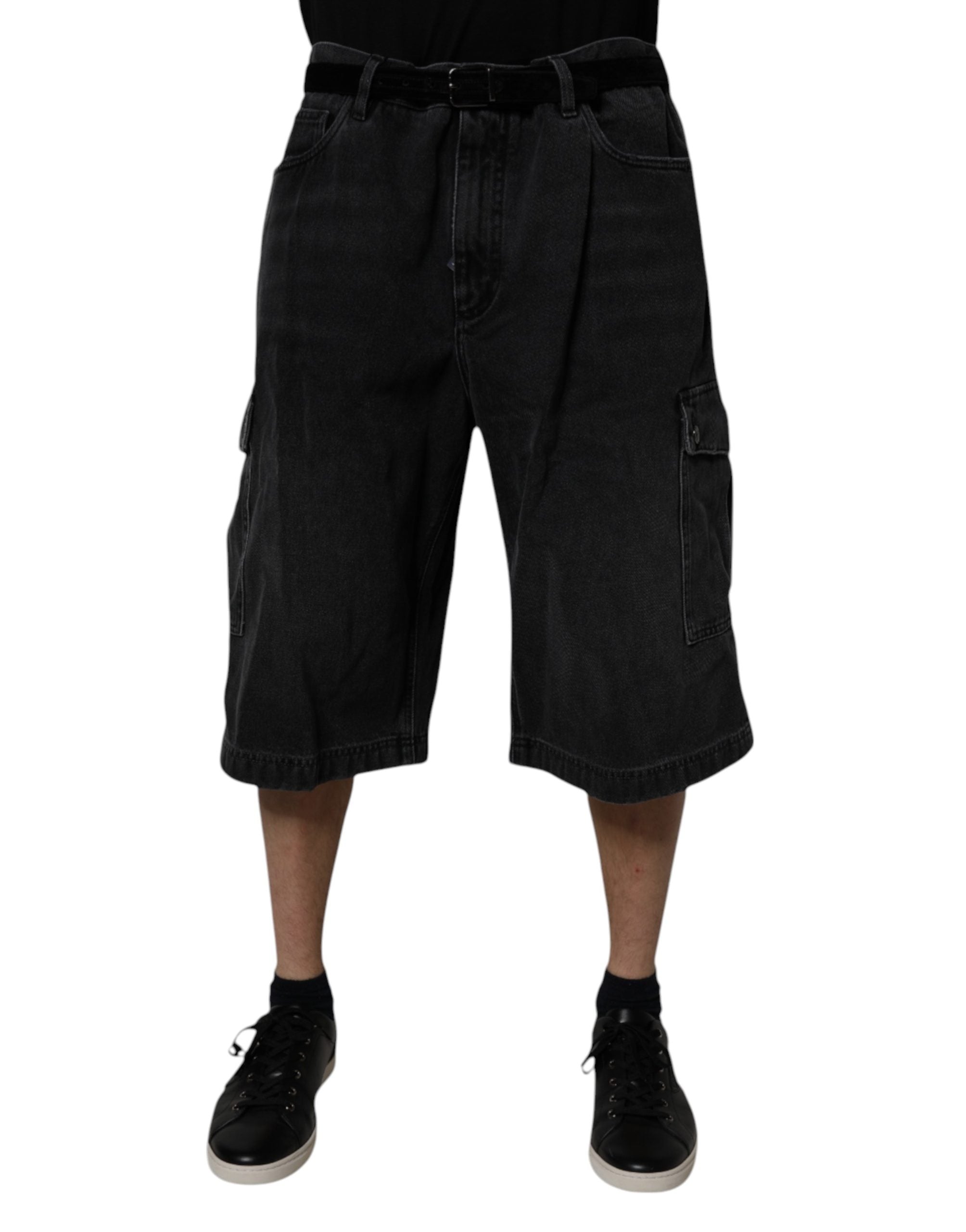 Black Mid Waist Denim Cargo Bermuda  Shorts - ventzia
