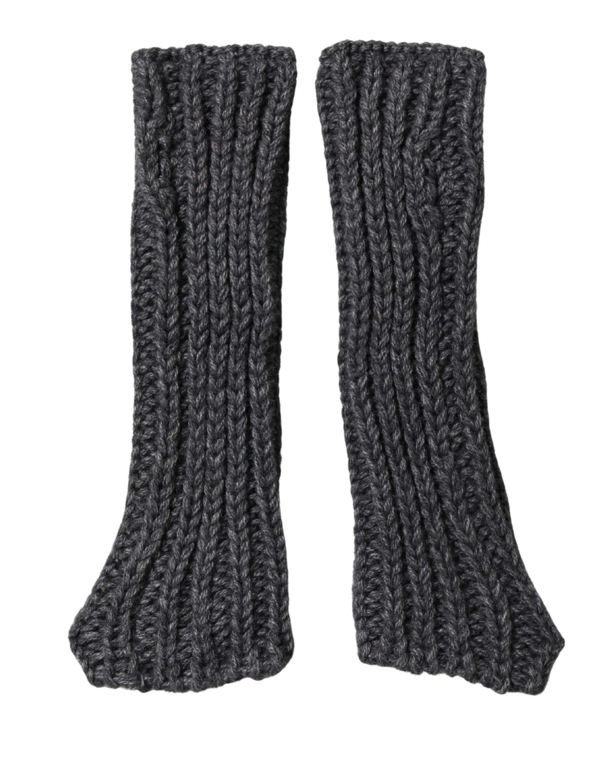 Gray Acrylic Knitted Fingerless Arm Warmer Gloves - ventzia