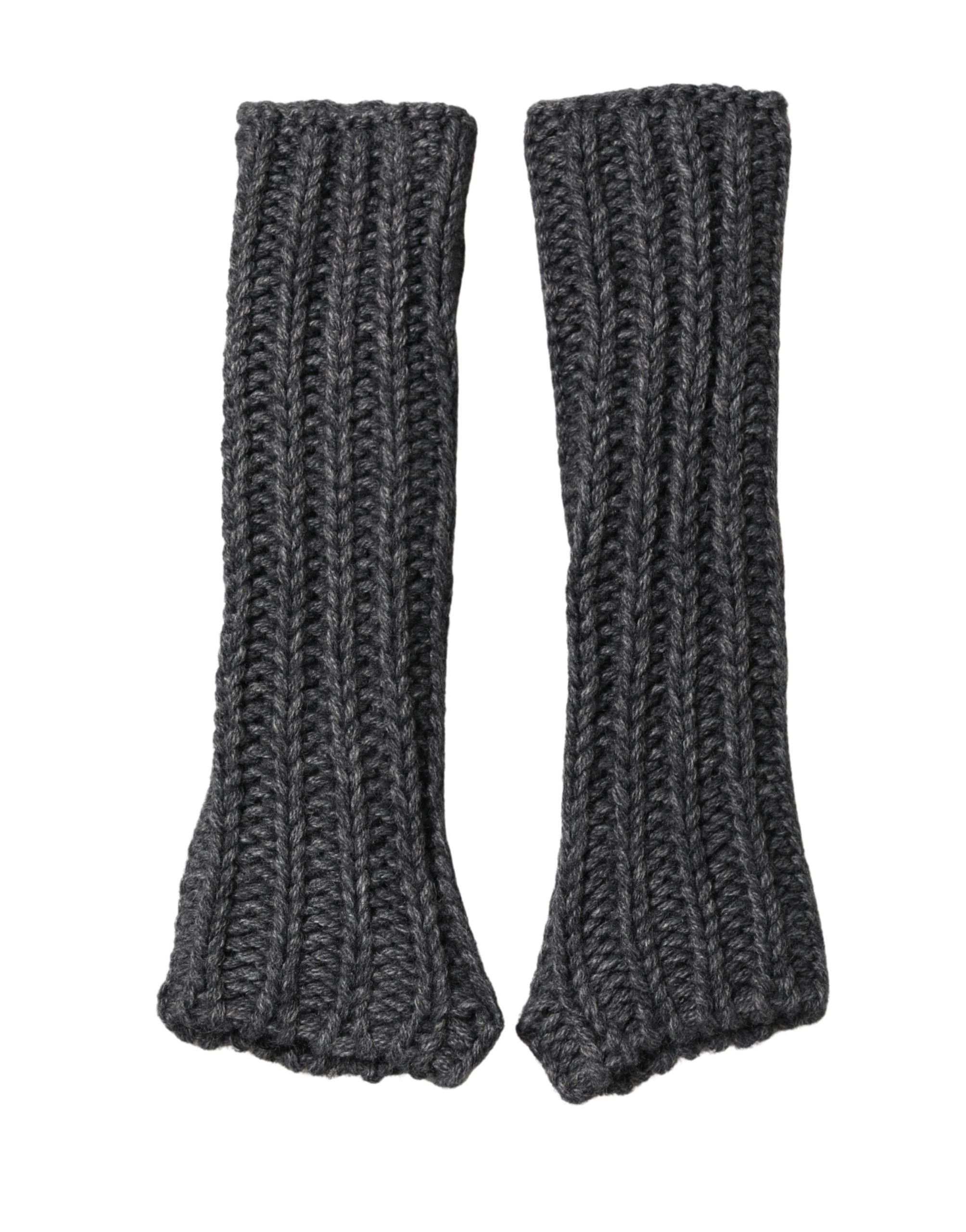 Gray Acrylic Knitted Fingerless Arm Warmer Gloves - ventzia