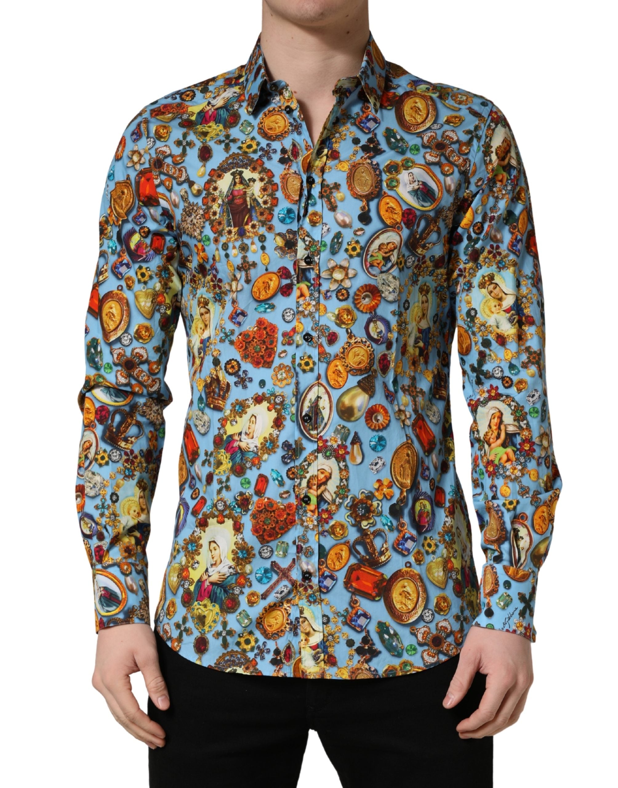Blue Cotton Jewel Print Button Down GOLD Shirt - ventzia
