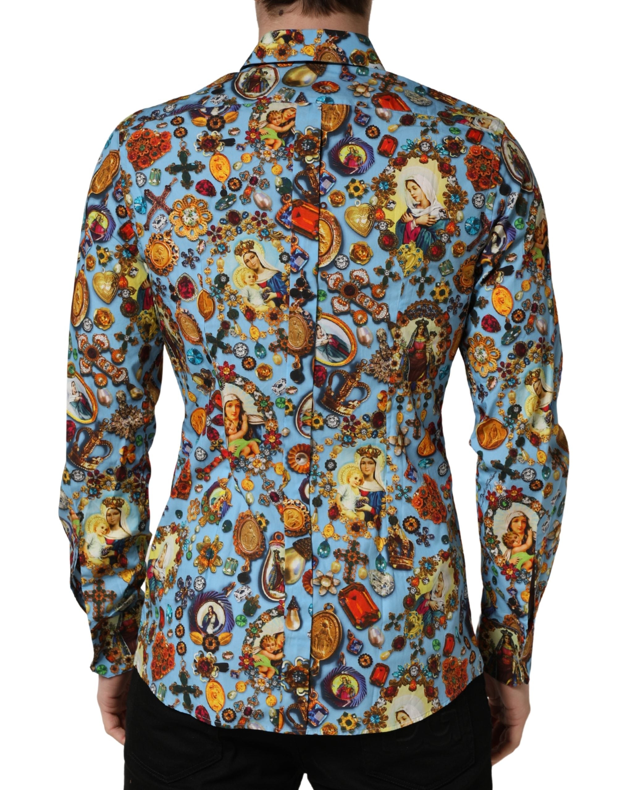Blue Cotton Jewel Print Button Down GOLD Shirt - ventzia