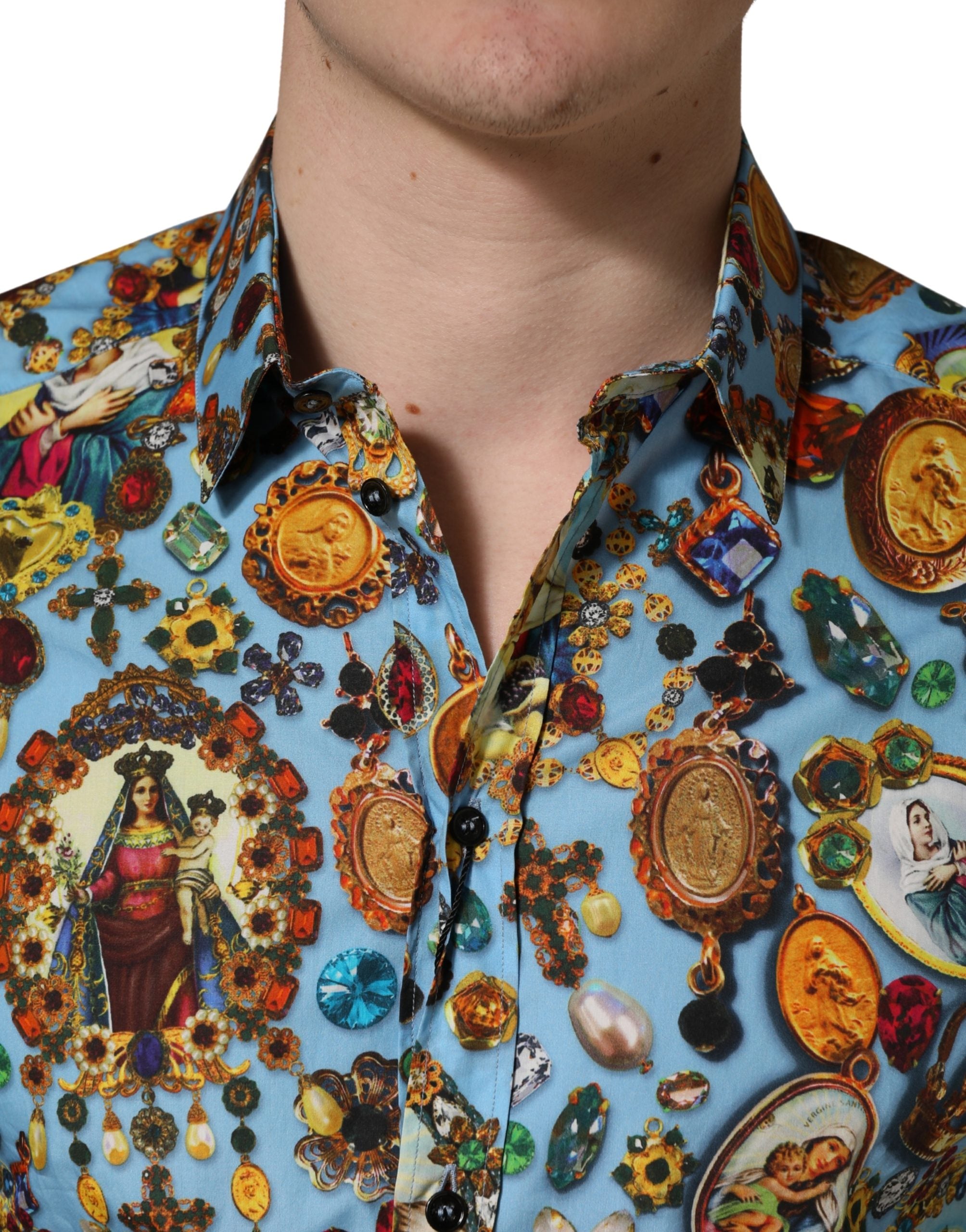 Blue Cotton Jewel Print Button Down GOLD Shirt - ventzia