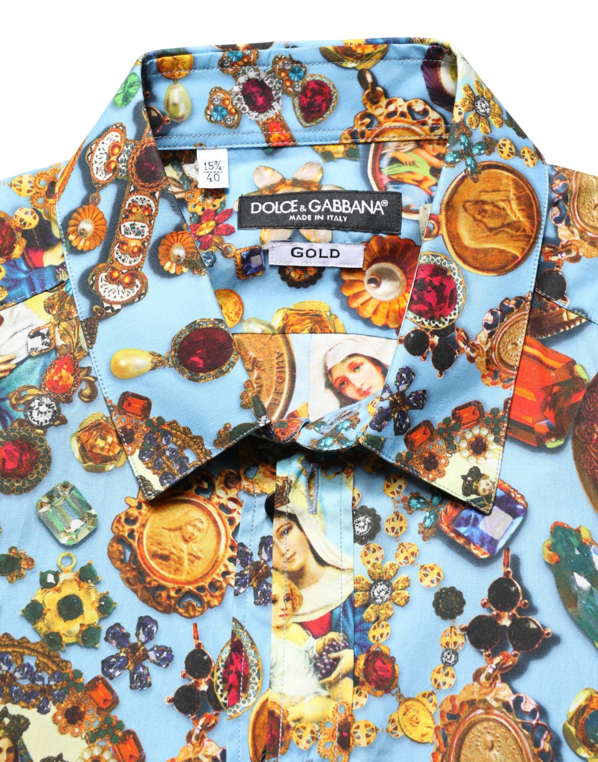 Blue Cotton Jewel Print Button Down GOLD Shirt - ventzia