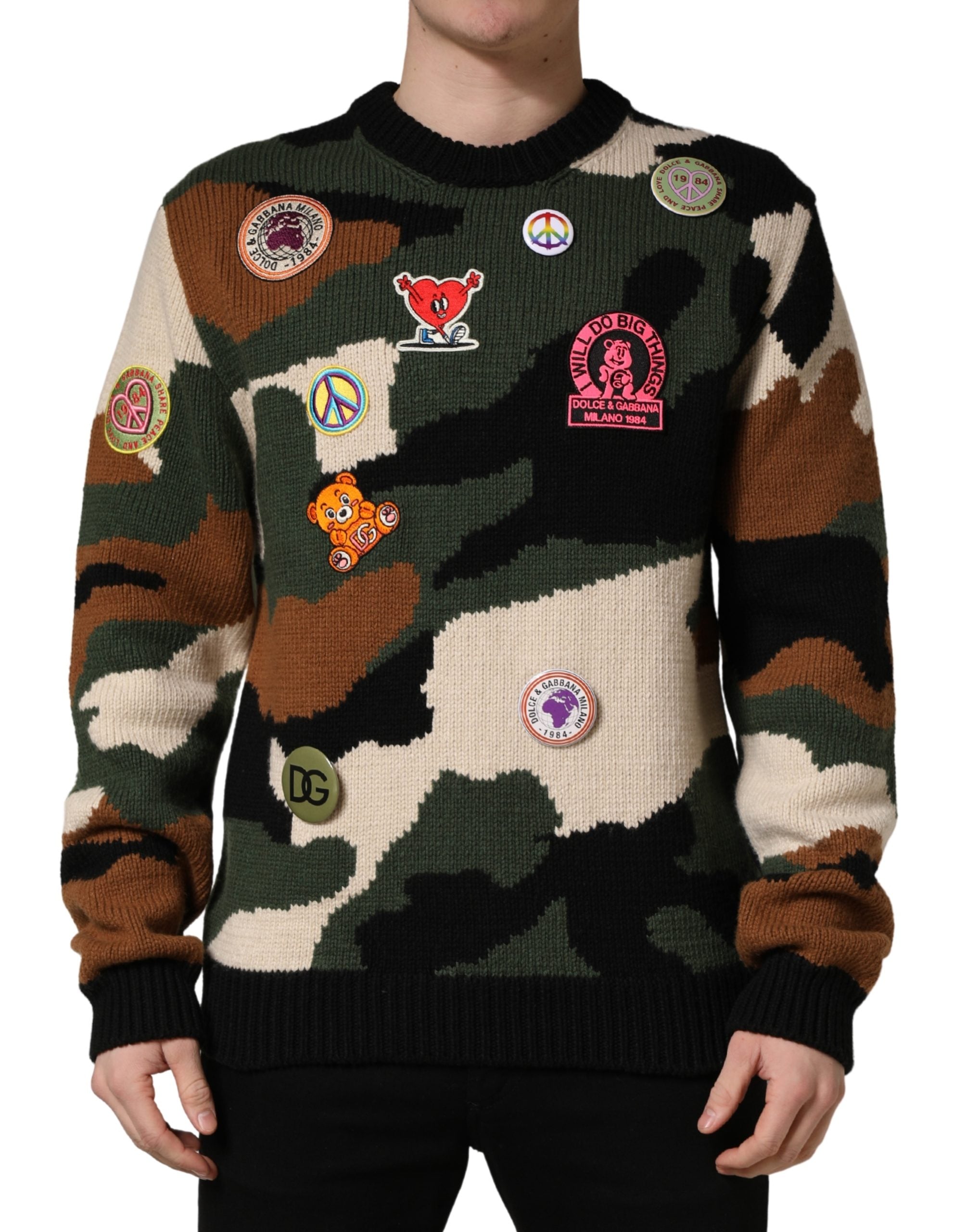 Multicolor Intarsia-Knit Camouflage Pullover Sweater - ventzia