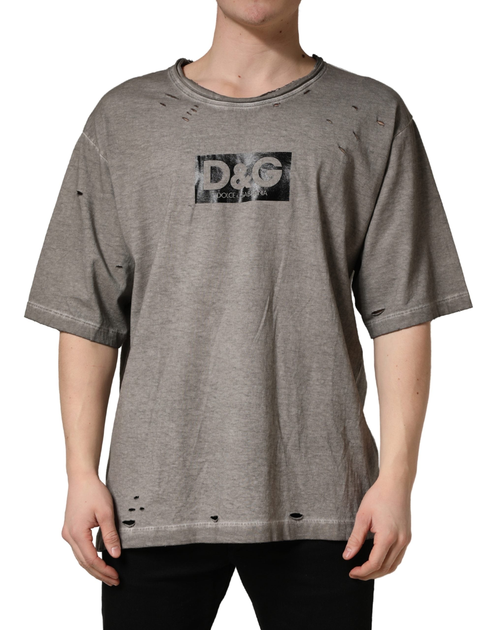 Gray DG Logo Print Cotton Round Neck T-shirt - ventzia