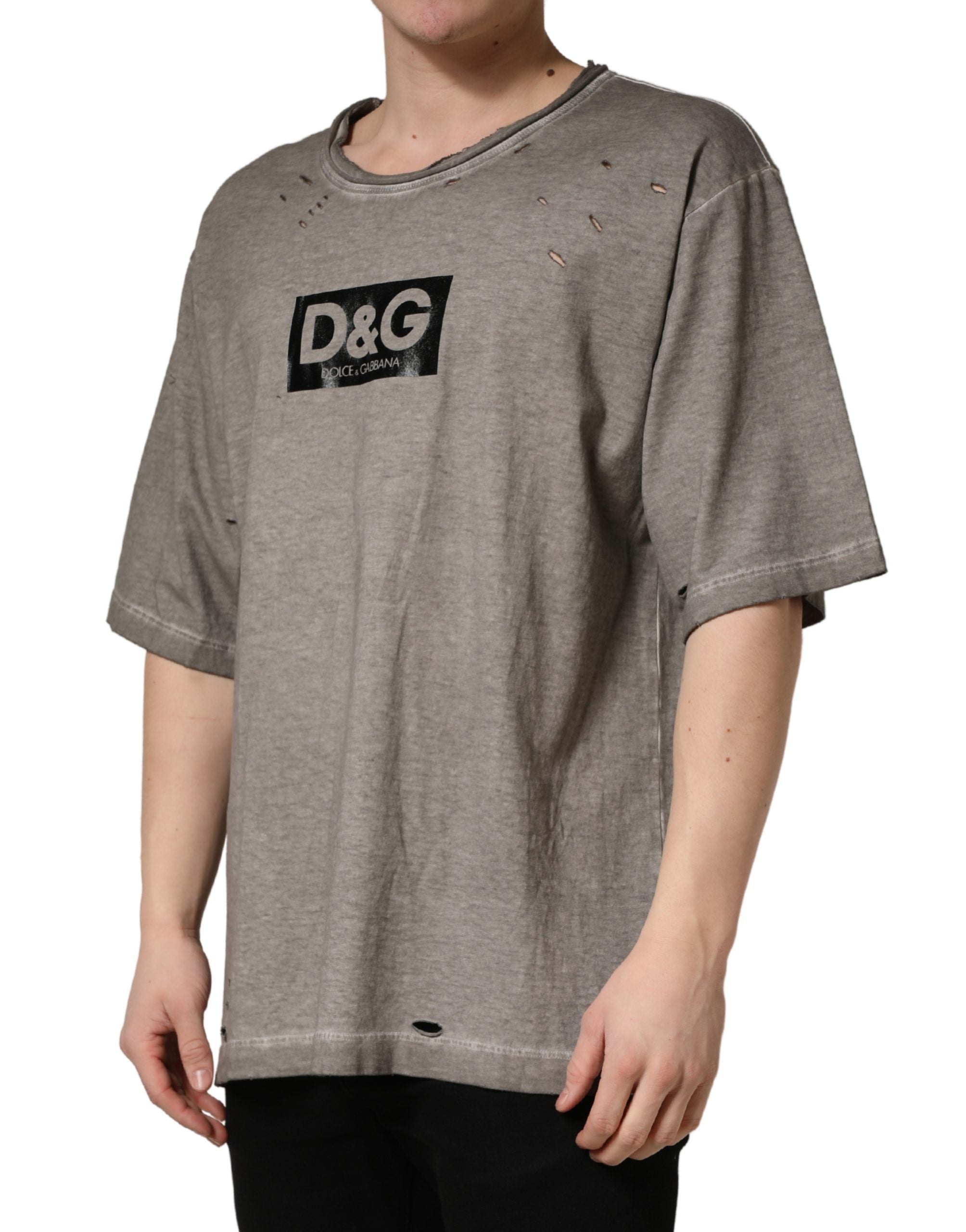Gray DG Logo Print Cotton Round Neck T-shirt - ventzia