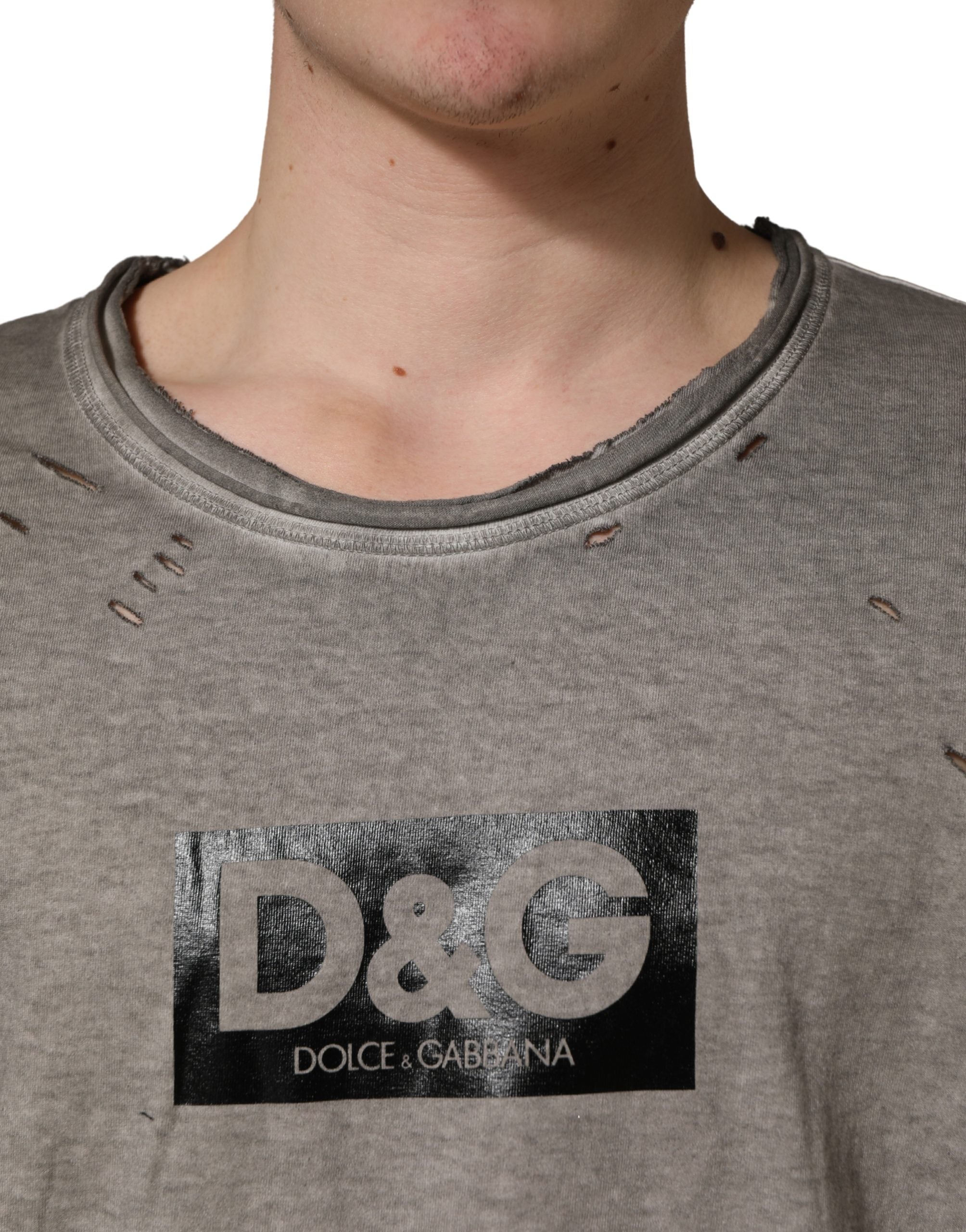 Gray DG Logo Print Cotton Round Neck T-shirt - ventzia