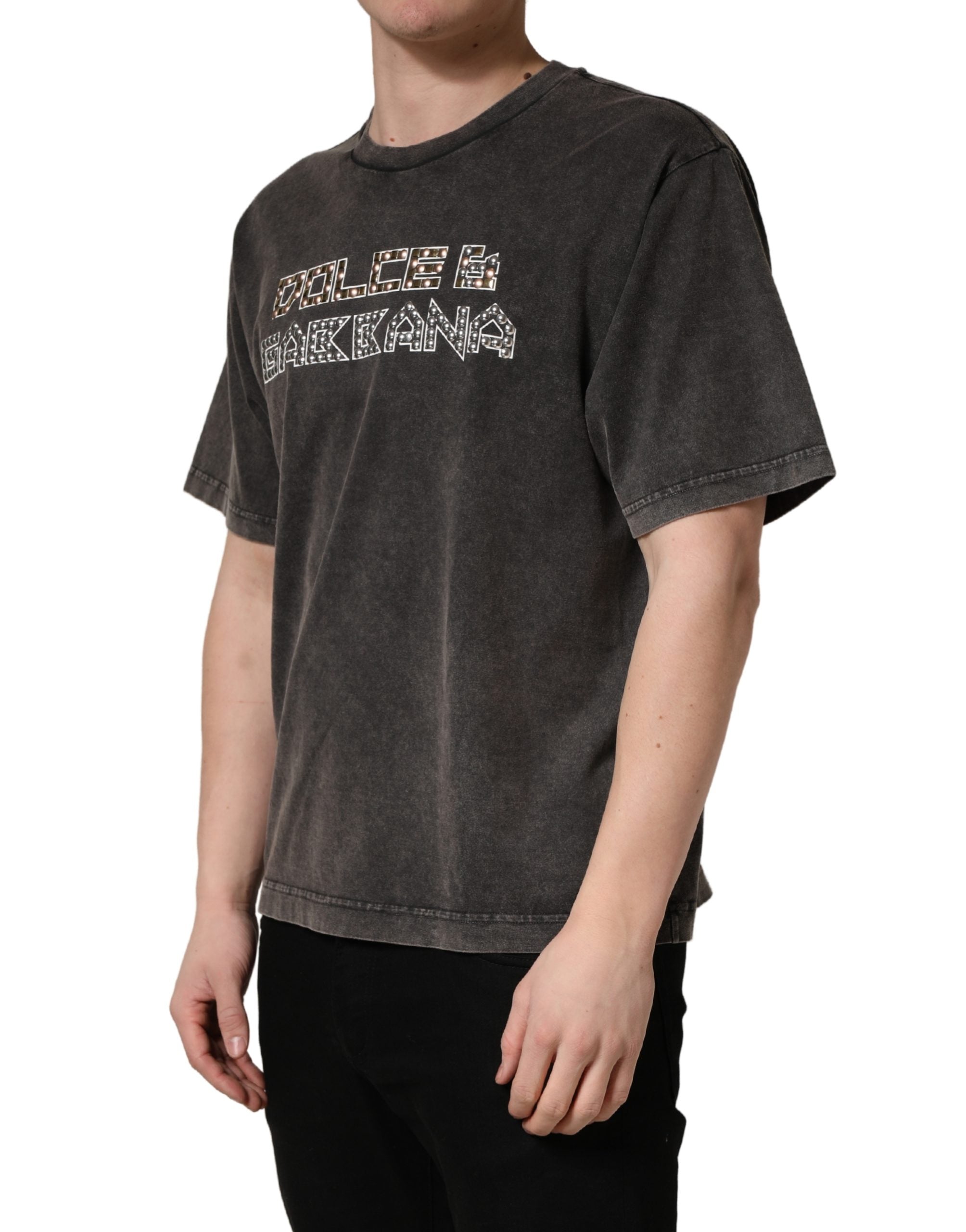 Gray Logo Embellished Men Crew Neck T-shirt - ventzia