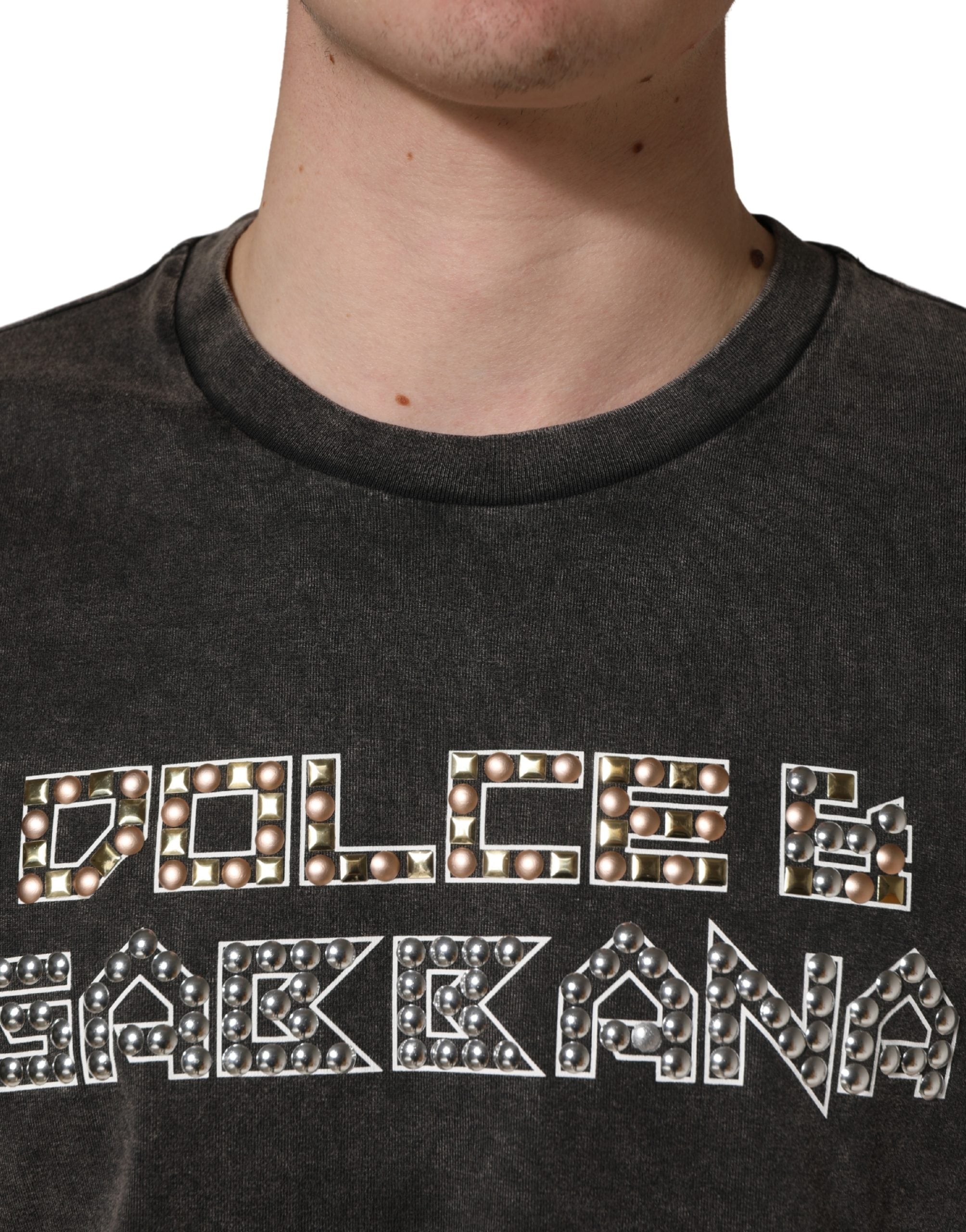 Gray Logo Embellished Men Crew Neck T-shirt - ventzia