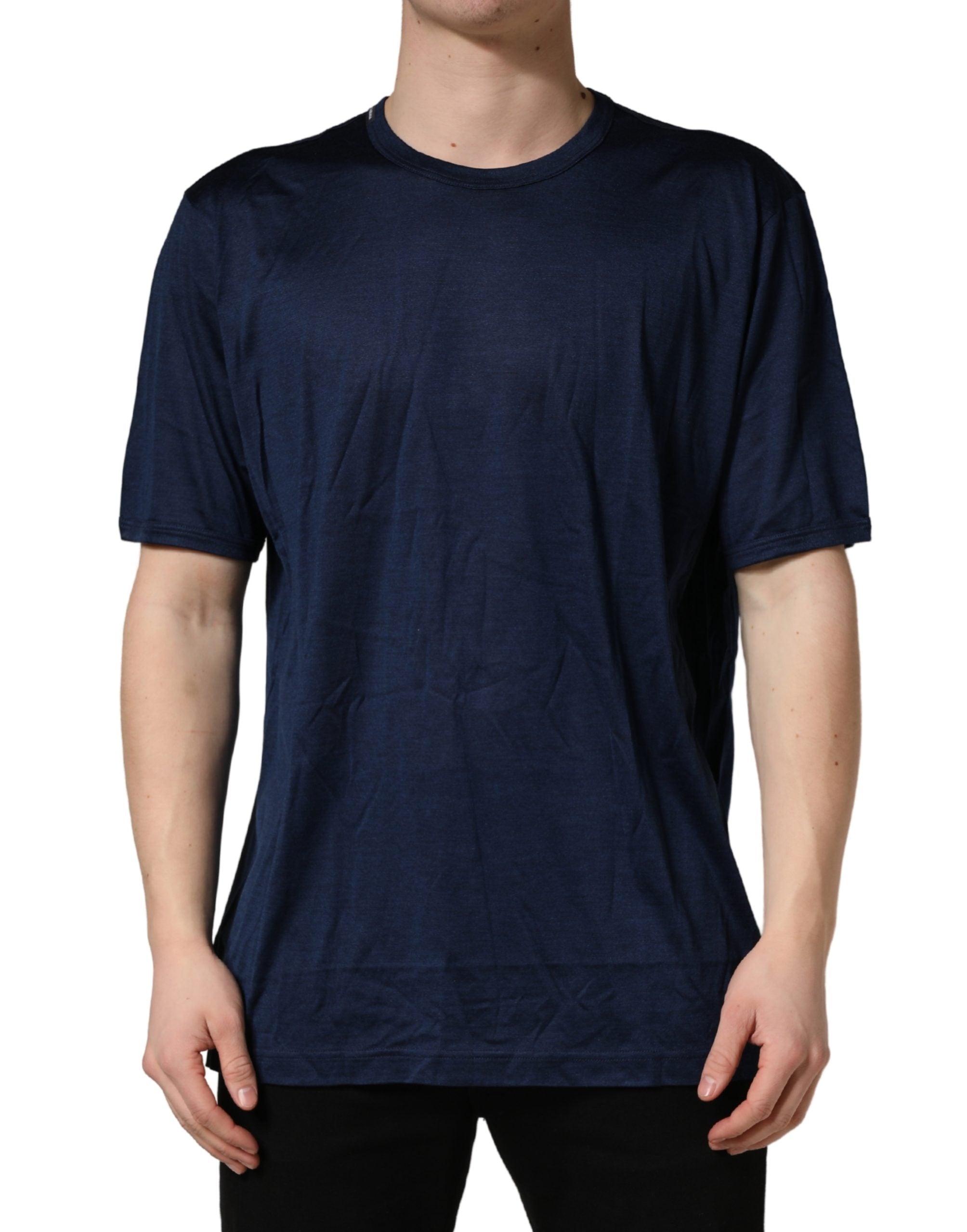 Dark Blue Silk Short Sleeve CrewNeck T-shirt - ventzia